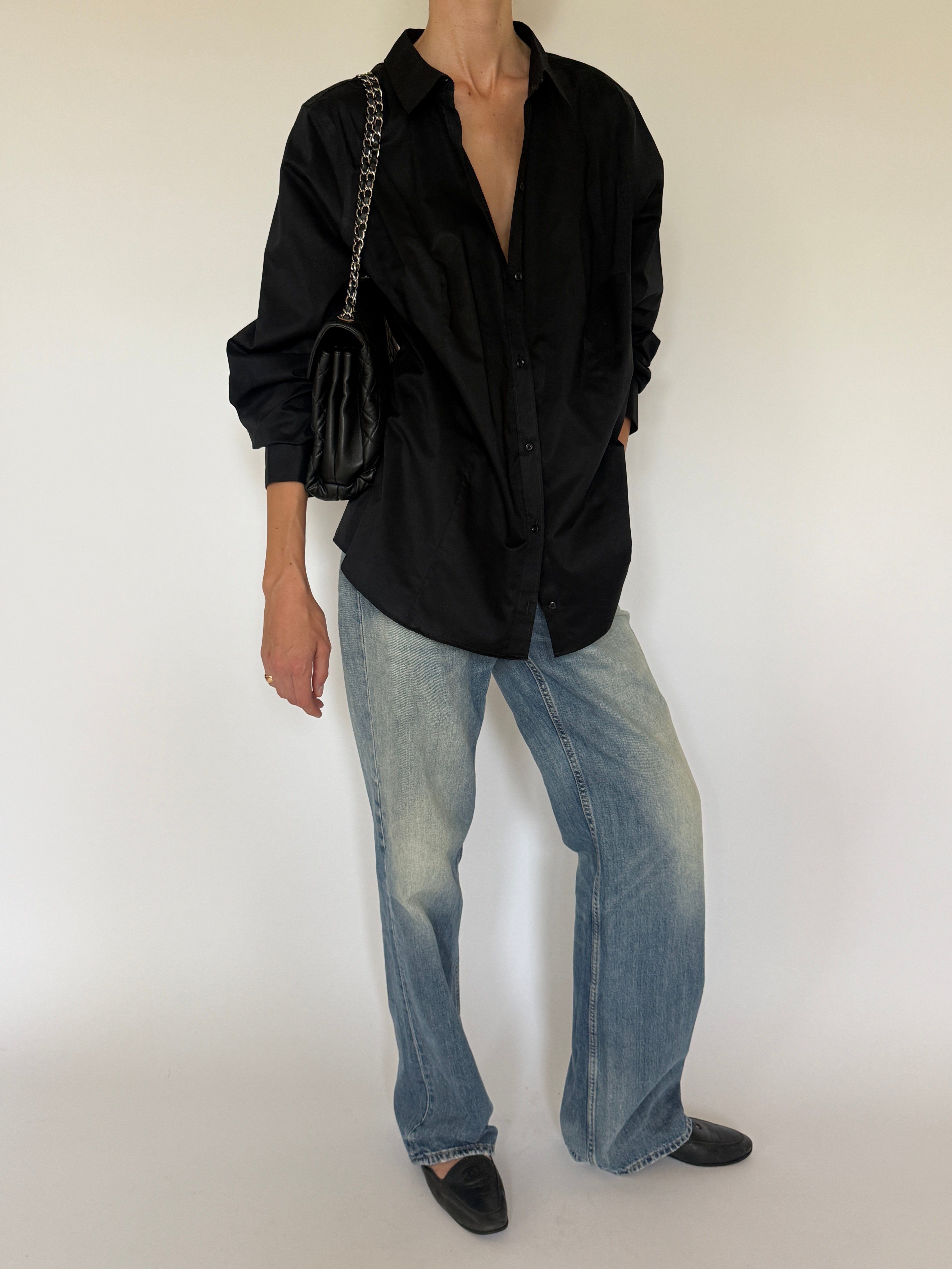 Vintage black oversized button-up shirt front view