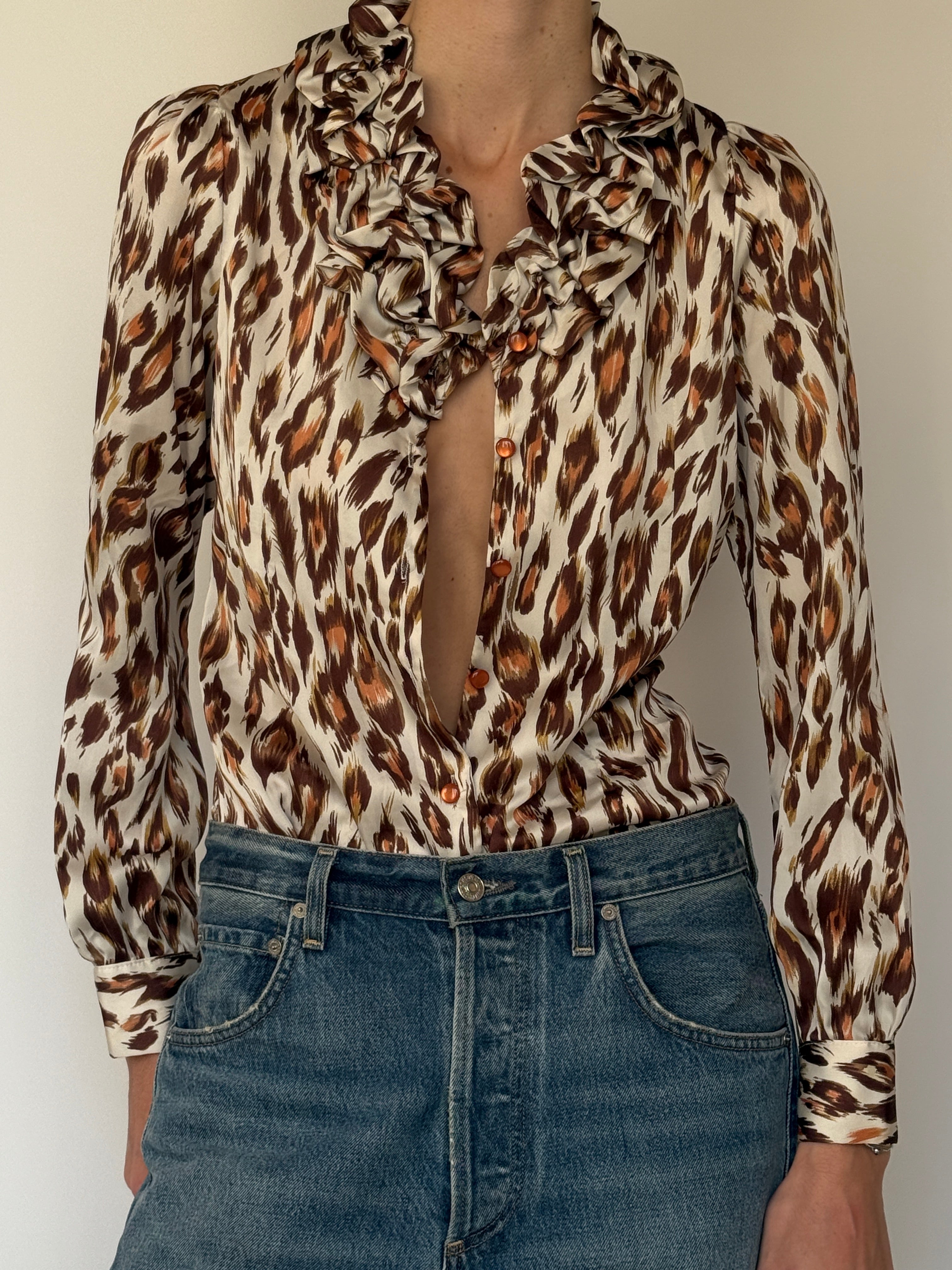 Vintage Ruffled Leopard Blouse 7008