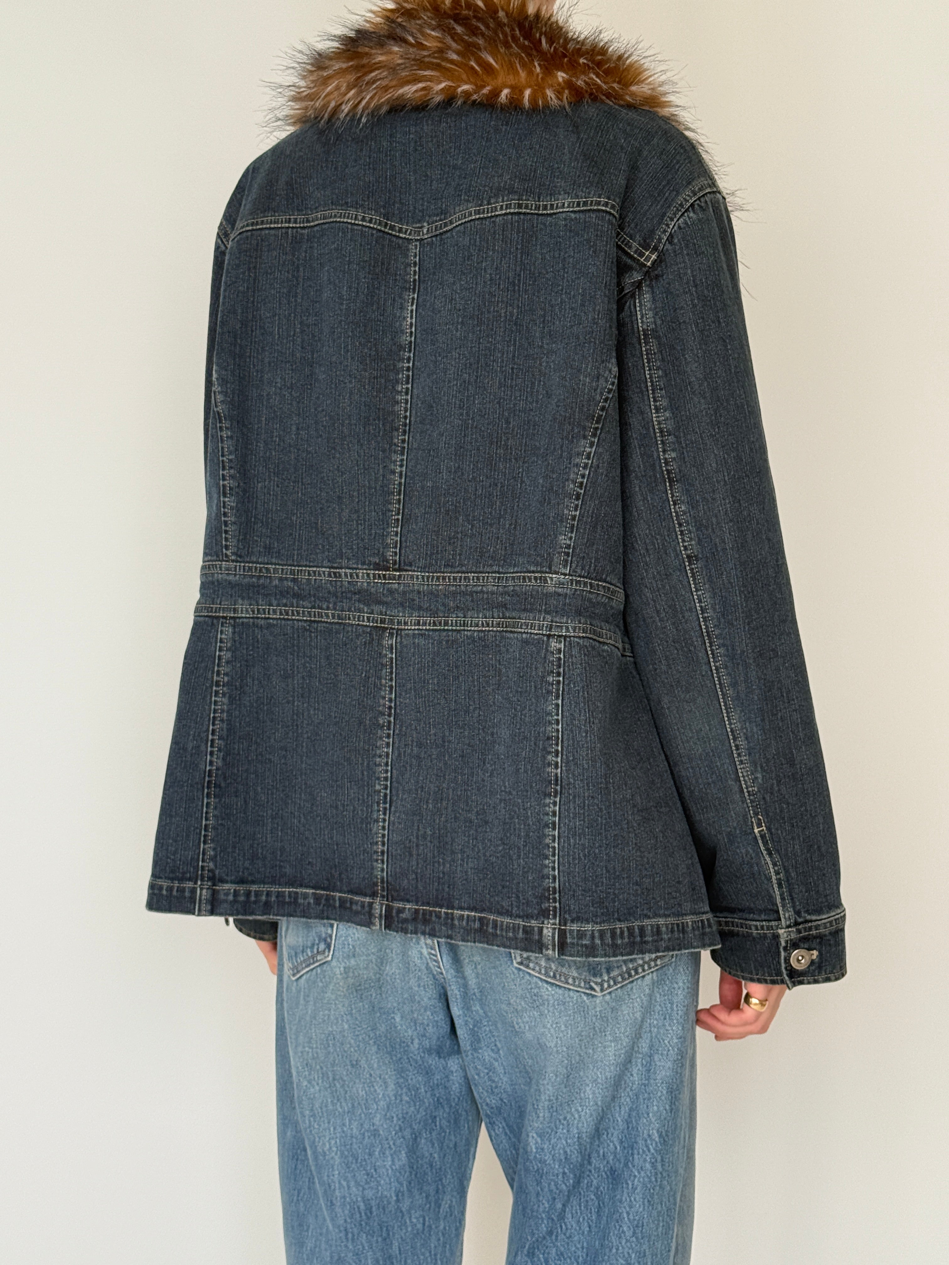 Vintage denim jacket fur collar back view close-up