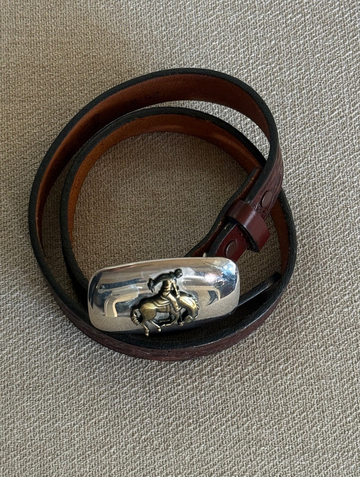 (size XXS-XS Read Measurements!) Vintage Dark Brown Western Leather Belt with Silver Horse Buckle 8188