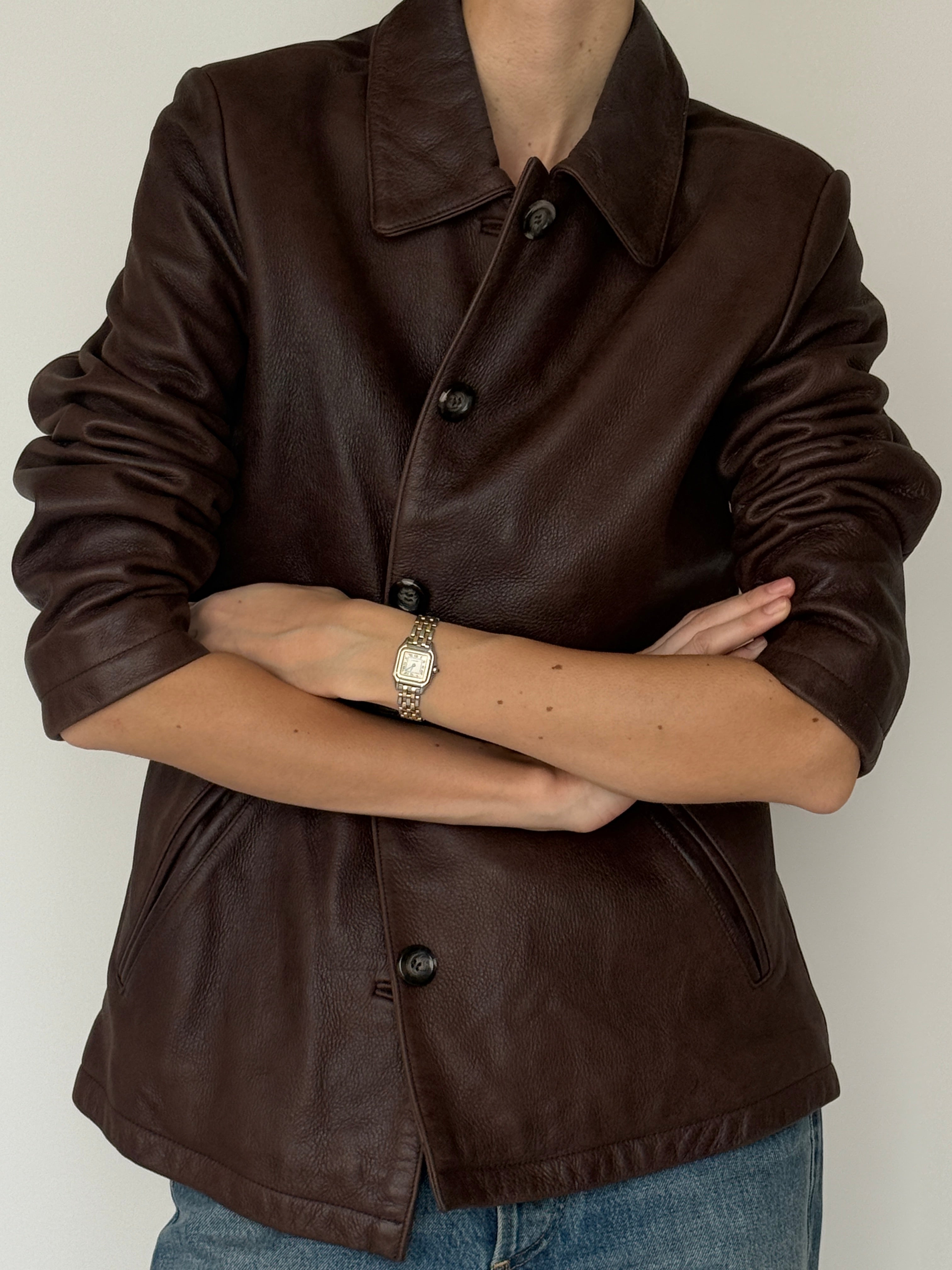 Vintage brown leather jacket front view