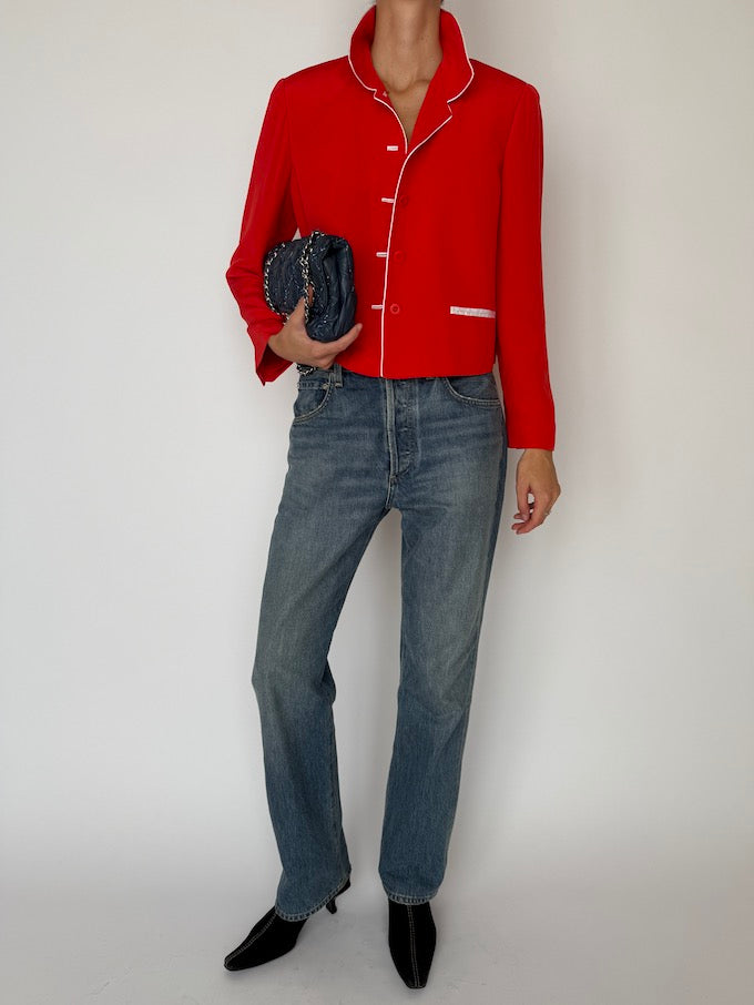 Vintage Cropped Button-Up Blazer Red 6501