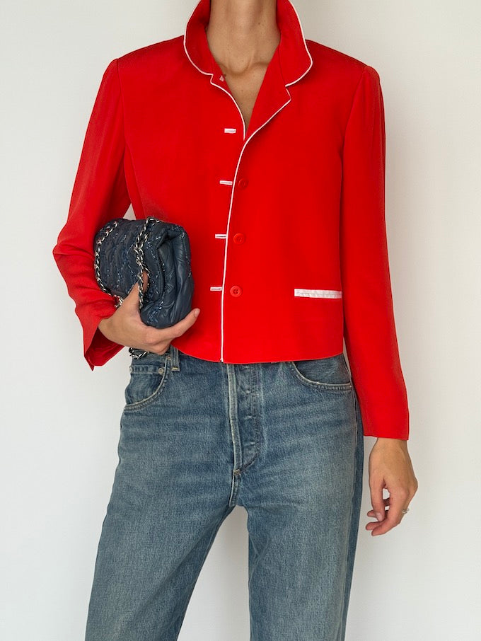 Vintage Cropped Button-Up Blazer Red 6501