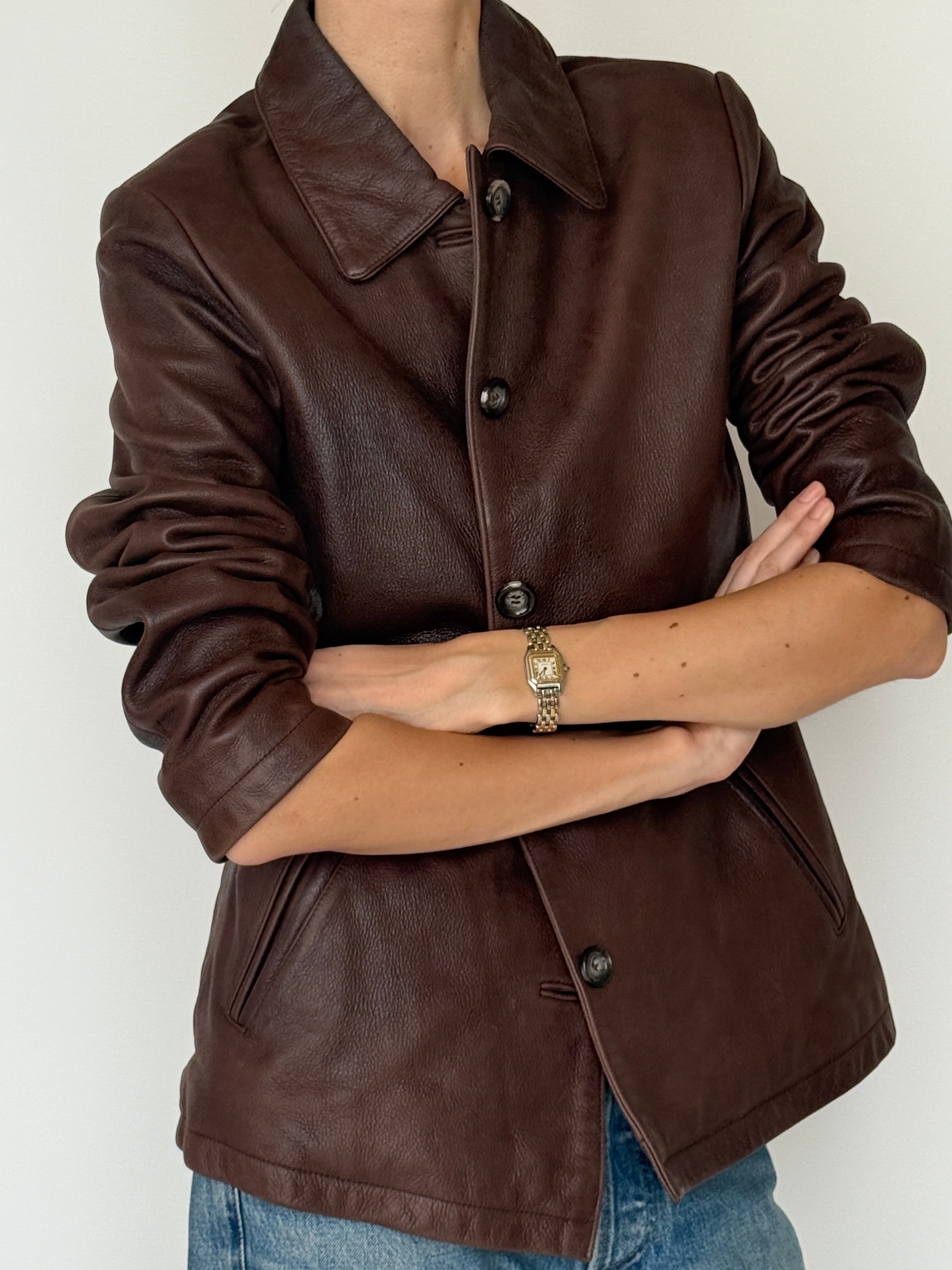 Vintage leather jacket brown pocket detail