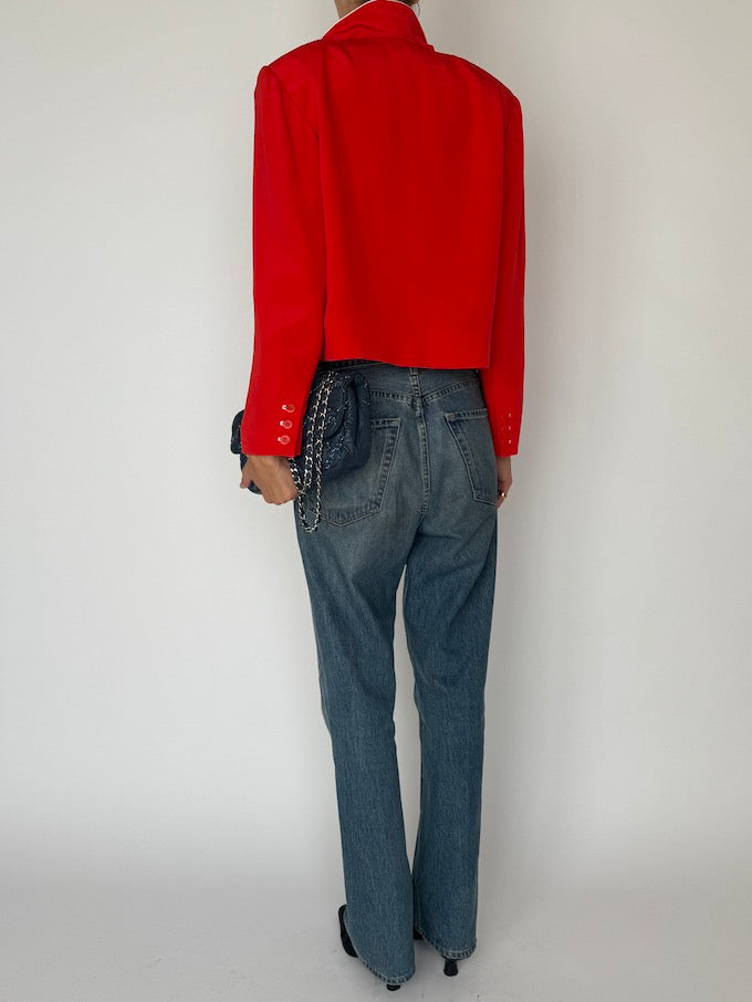 Vintage Cropped Button-Up Blazer Red 6501