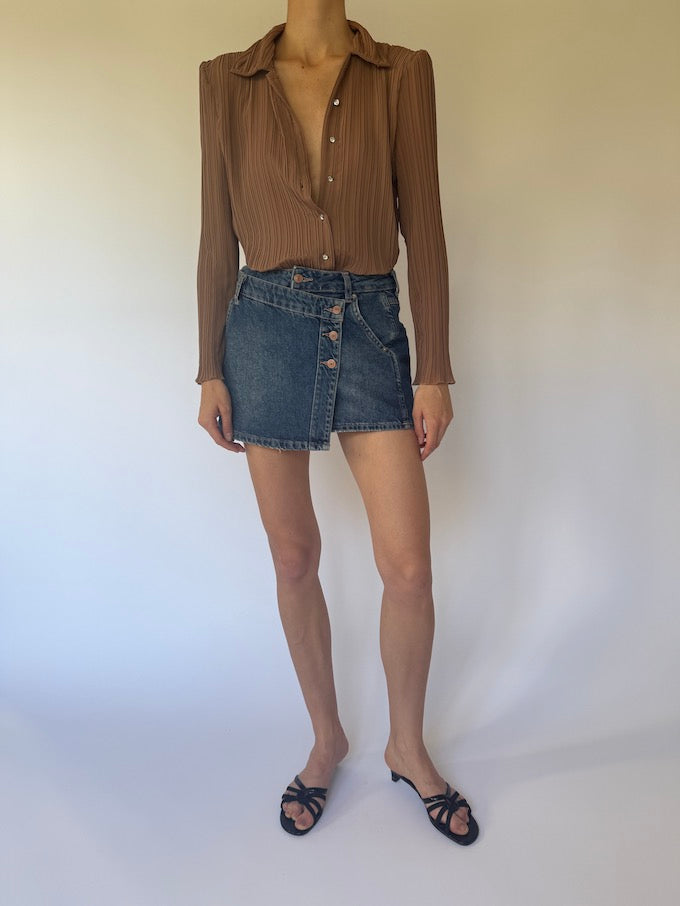 Vintage Brown Pleated Button-Up Blouse 6121