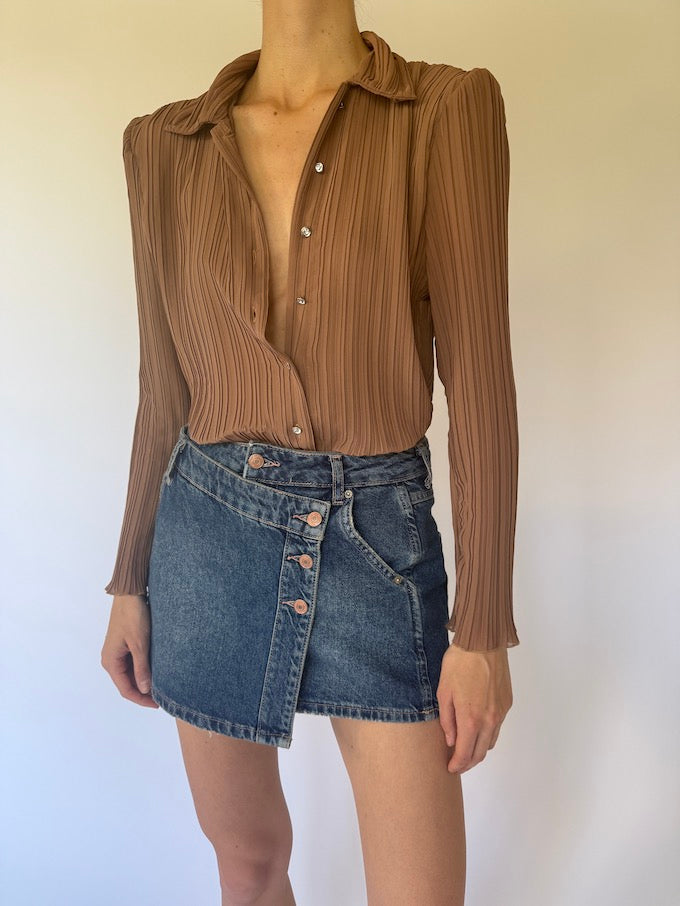 Vintage Brown Pleated Button-Up Blouse 6121