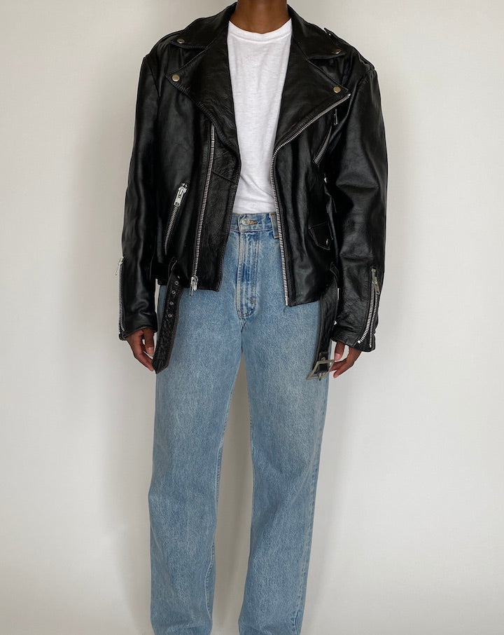 VINTAGE OVERSIZED BLACK BIKER MOTO JACKET 4035
