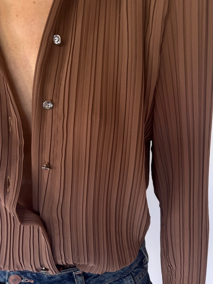 Vintage Brown Pleated Button-Up Blouse 6121