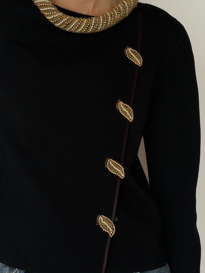 Vintage Statement Wool Cardigan with Gold Bead Detailing 6509