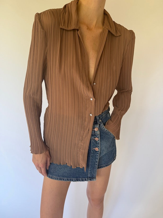 Vintage Brown Pleated Button-Up Blouse 6121