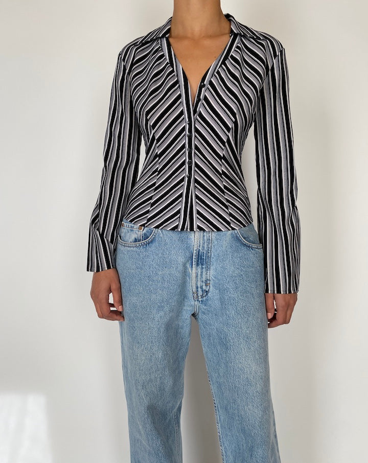 VINTAGE BLACK AND WHITE STRIPED BLOUSE 2585