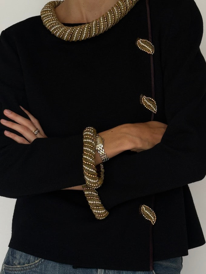 Vintage Statement Wool Cardigan with Gold Bead Detailing 6509