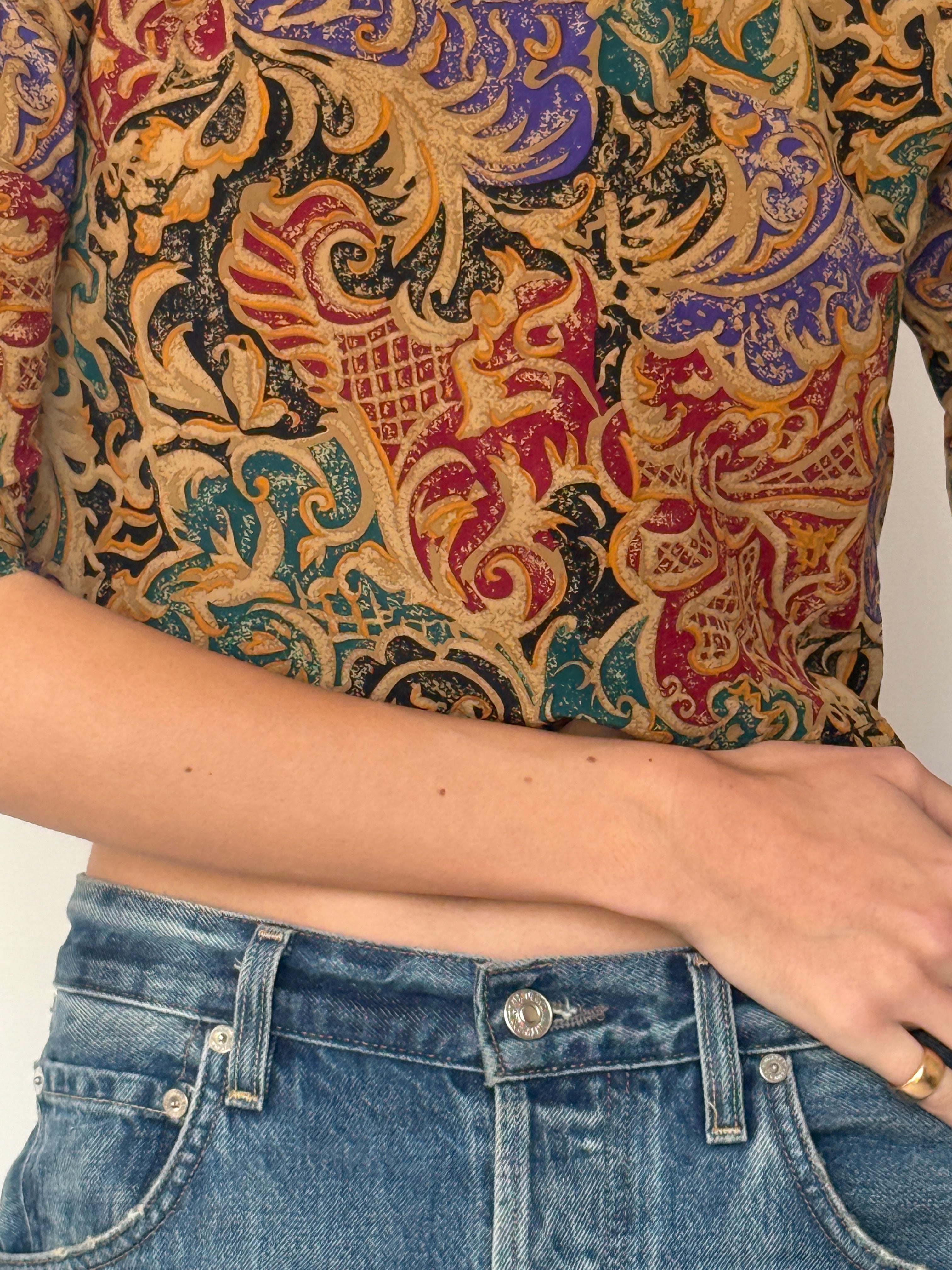 Vintage multicolor ornate printed cropped top fabric close-up