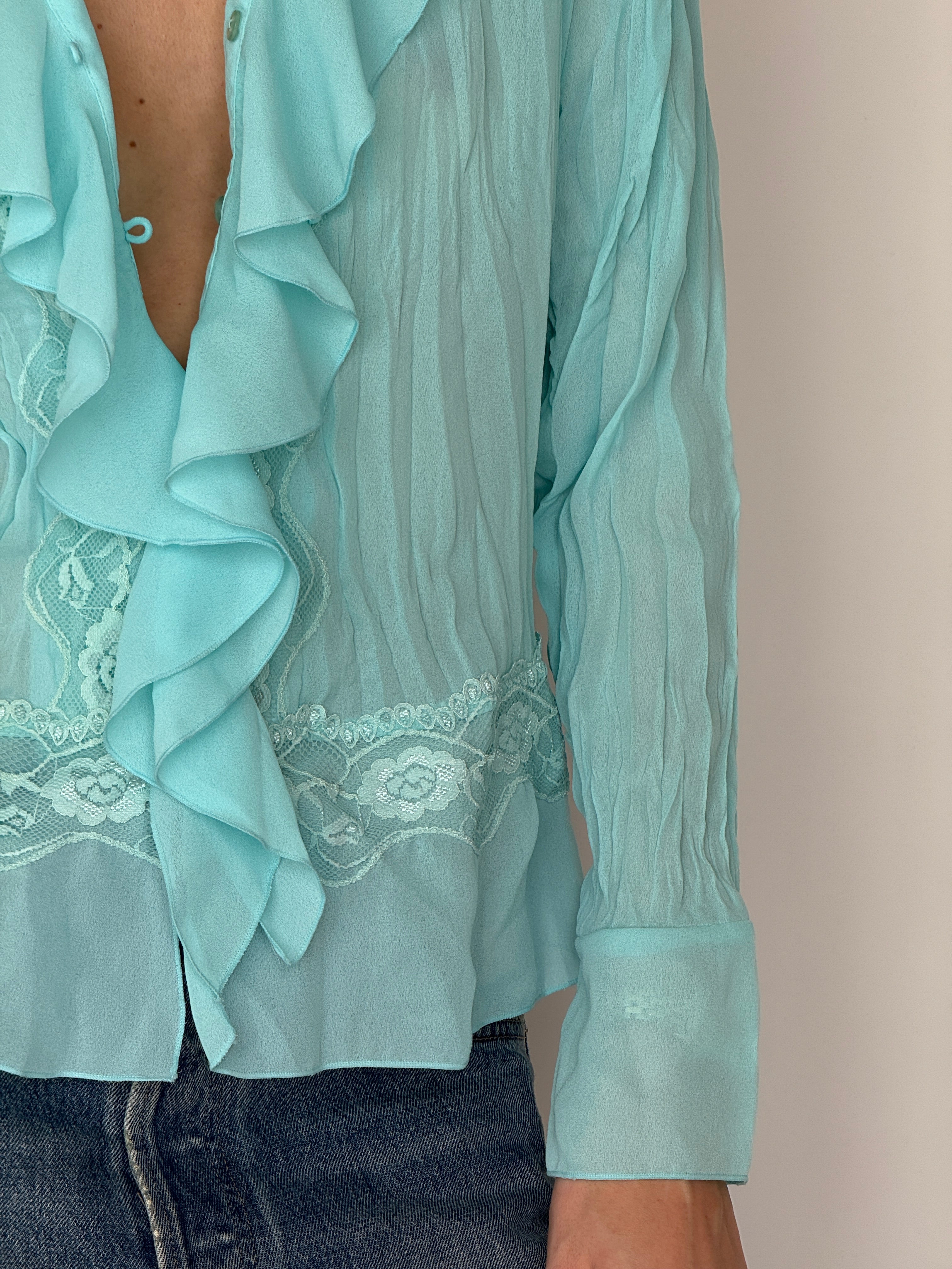 Vintage aqua ruffle blouse lace detail