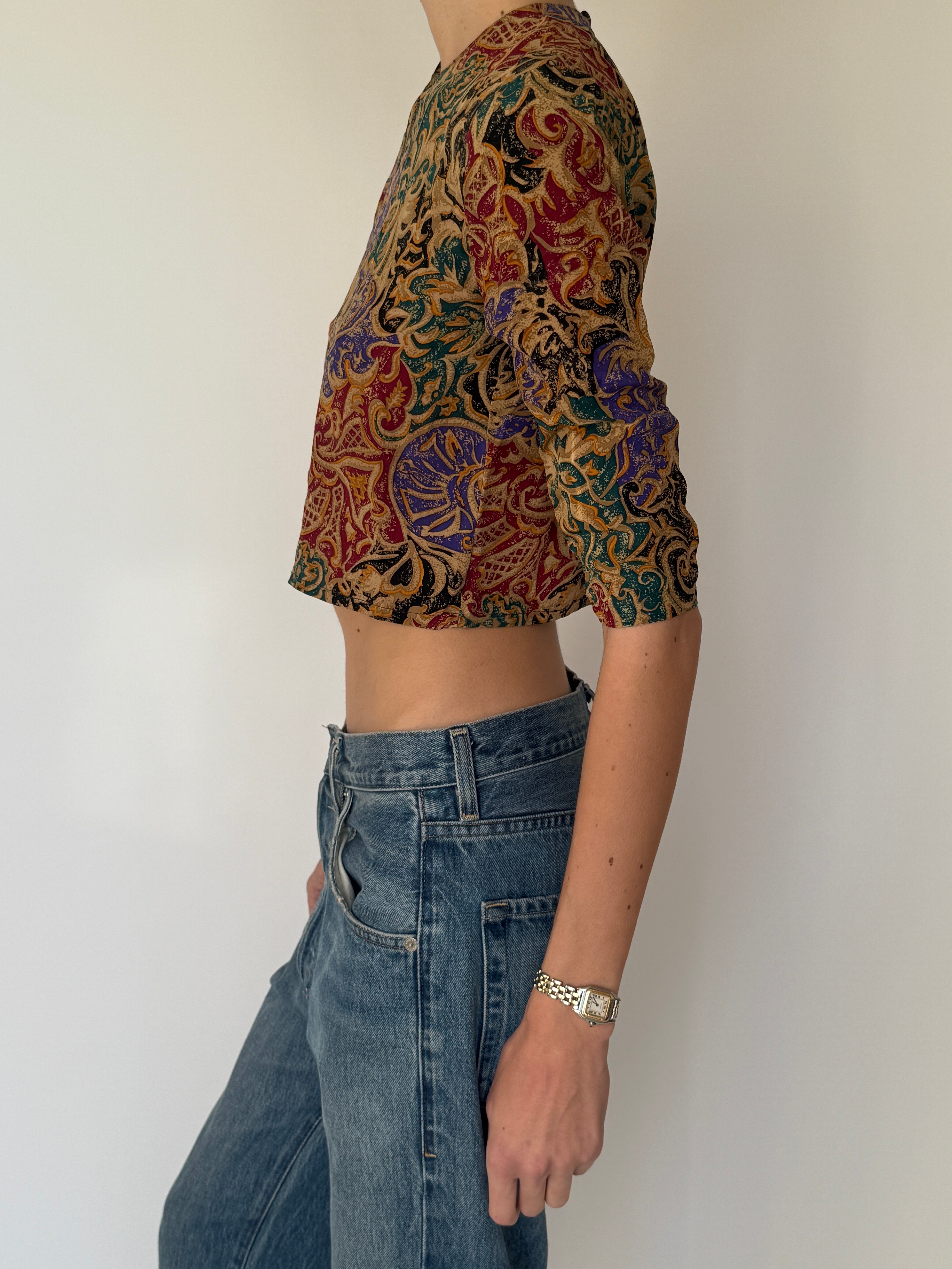 Vintage multicolor ornate printed cropped top side view