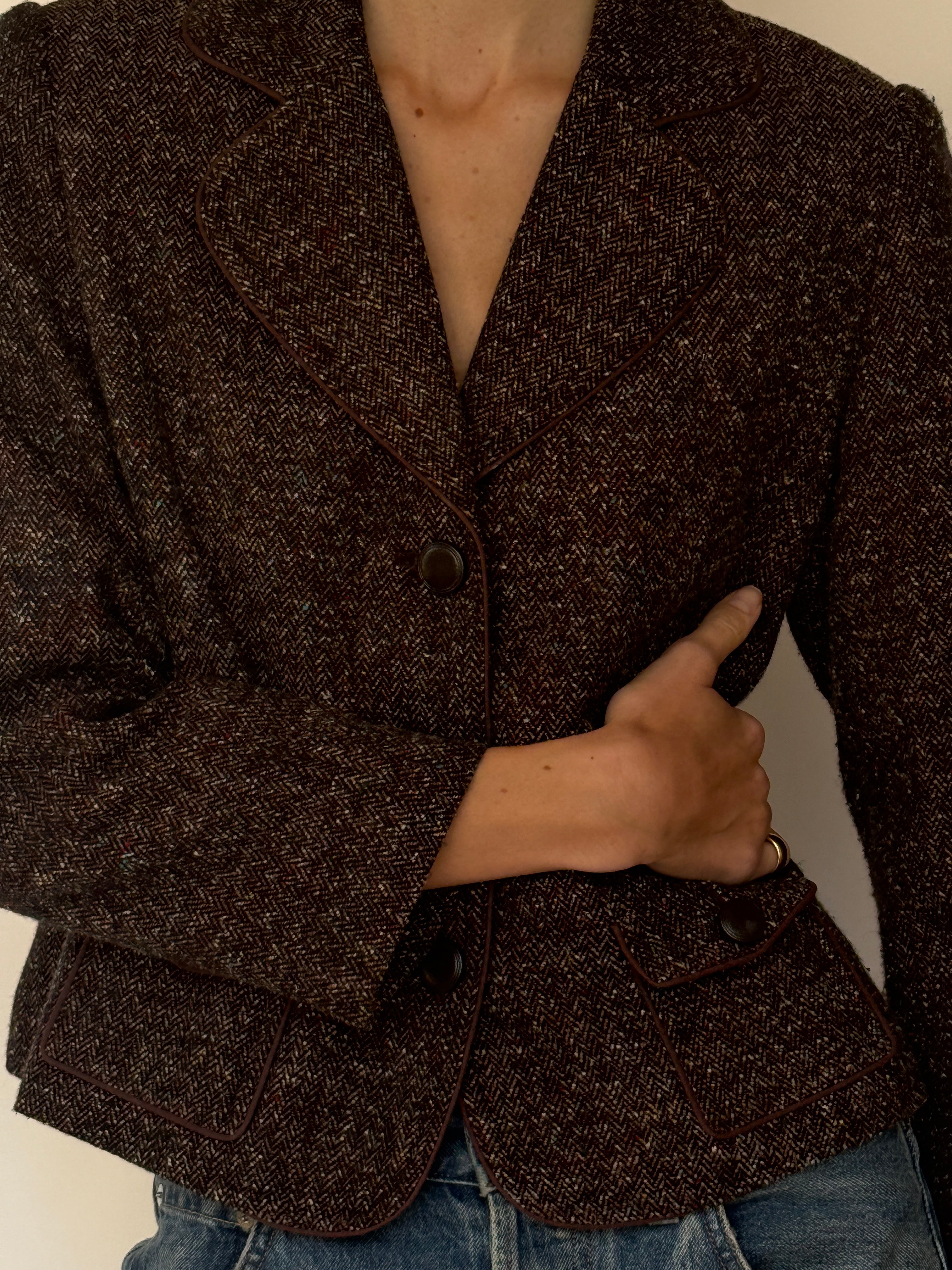 Vintage Tailored Herringbone Blazer Brown 7014