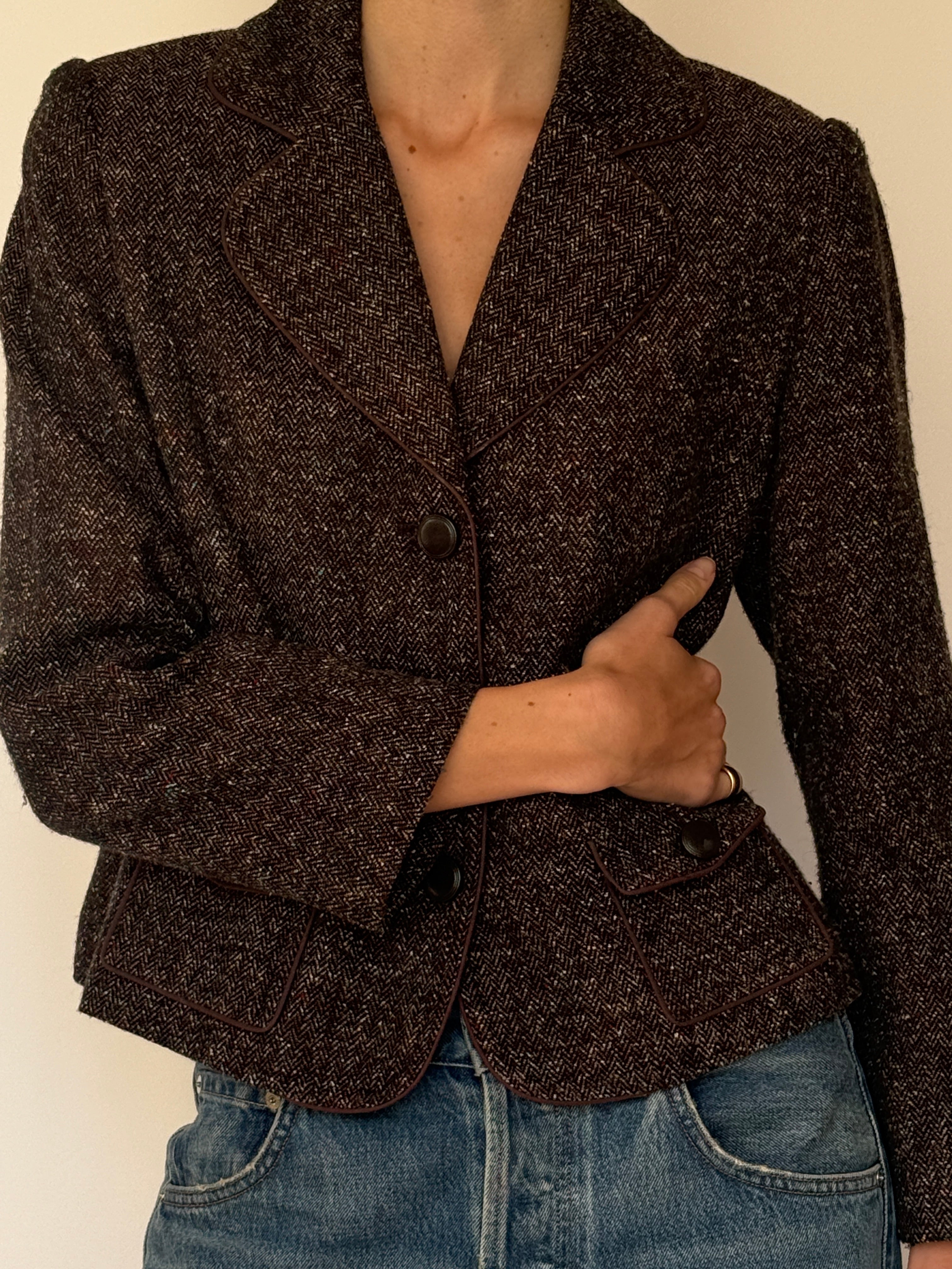 Vintage Tailored Herringbone Blazer Brown 7014