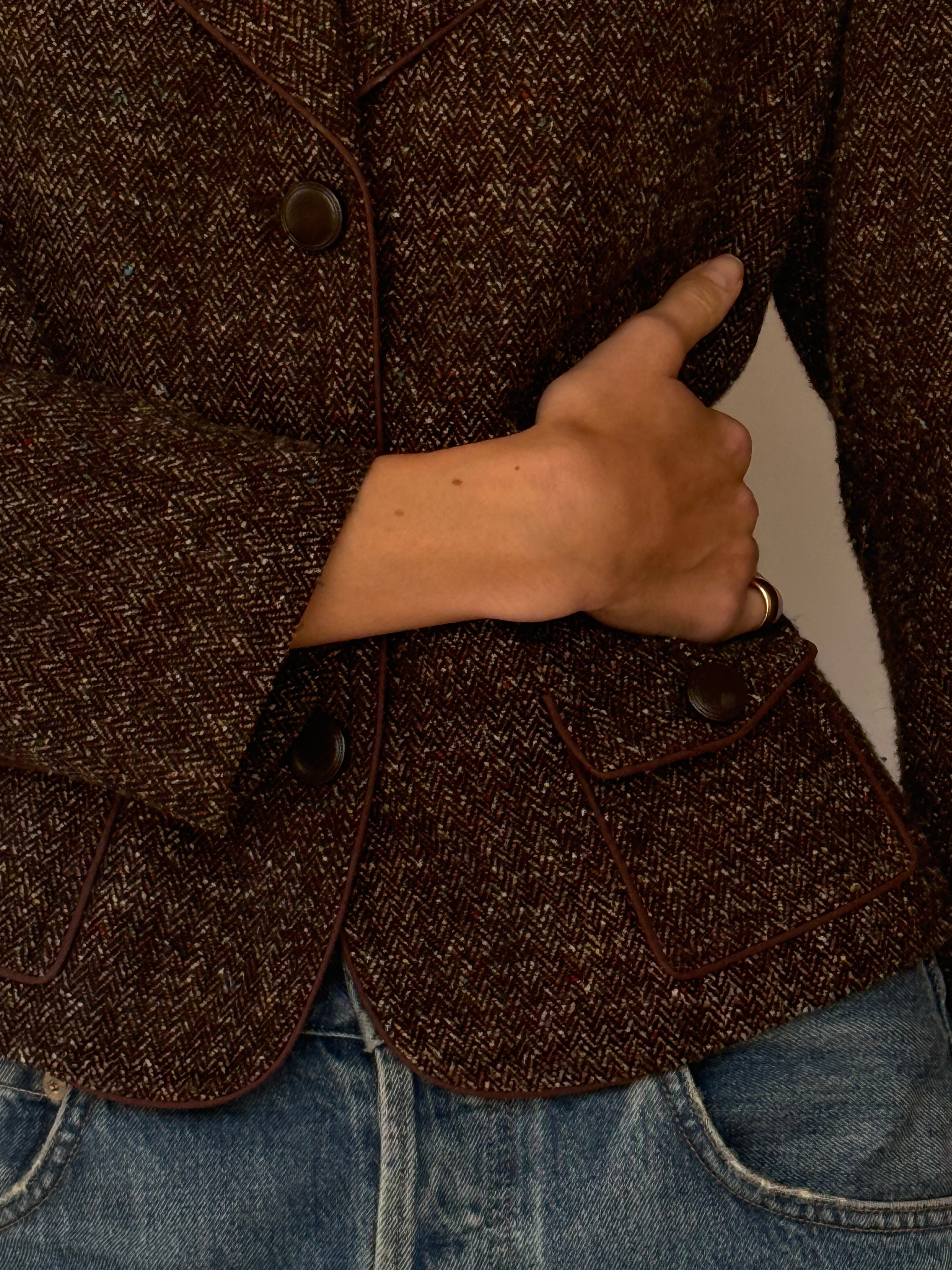 Vintage Tailored Herringbone Blazer Brown 7014