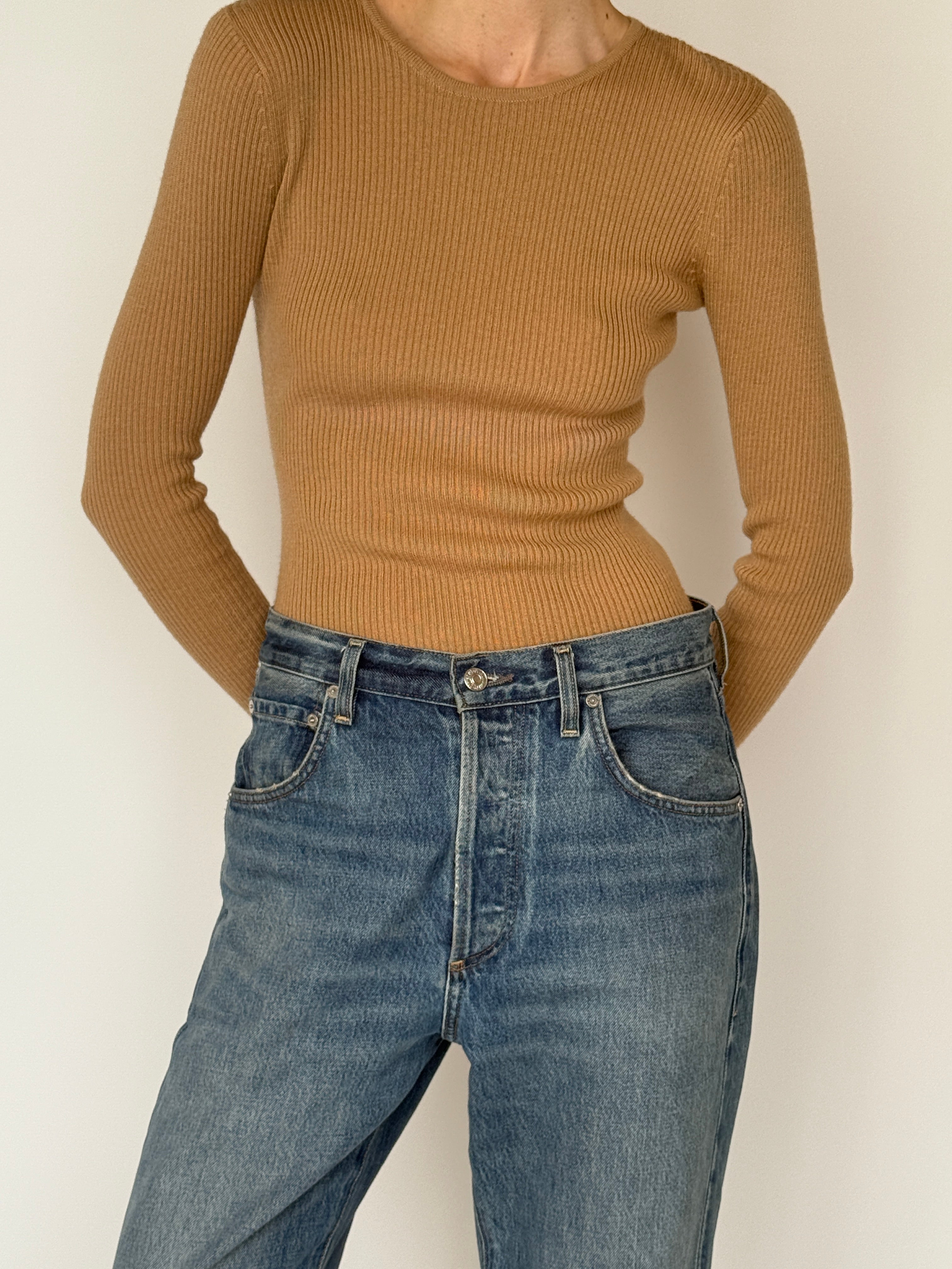 Vintage camel knit top ribbed texture detail