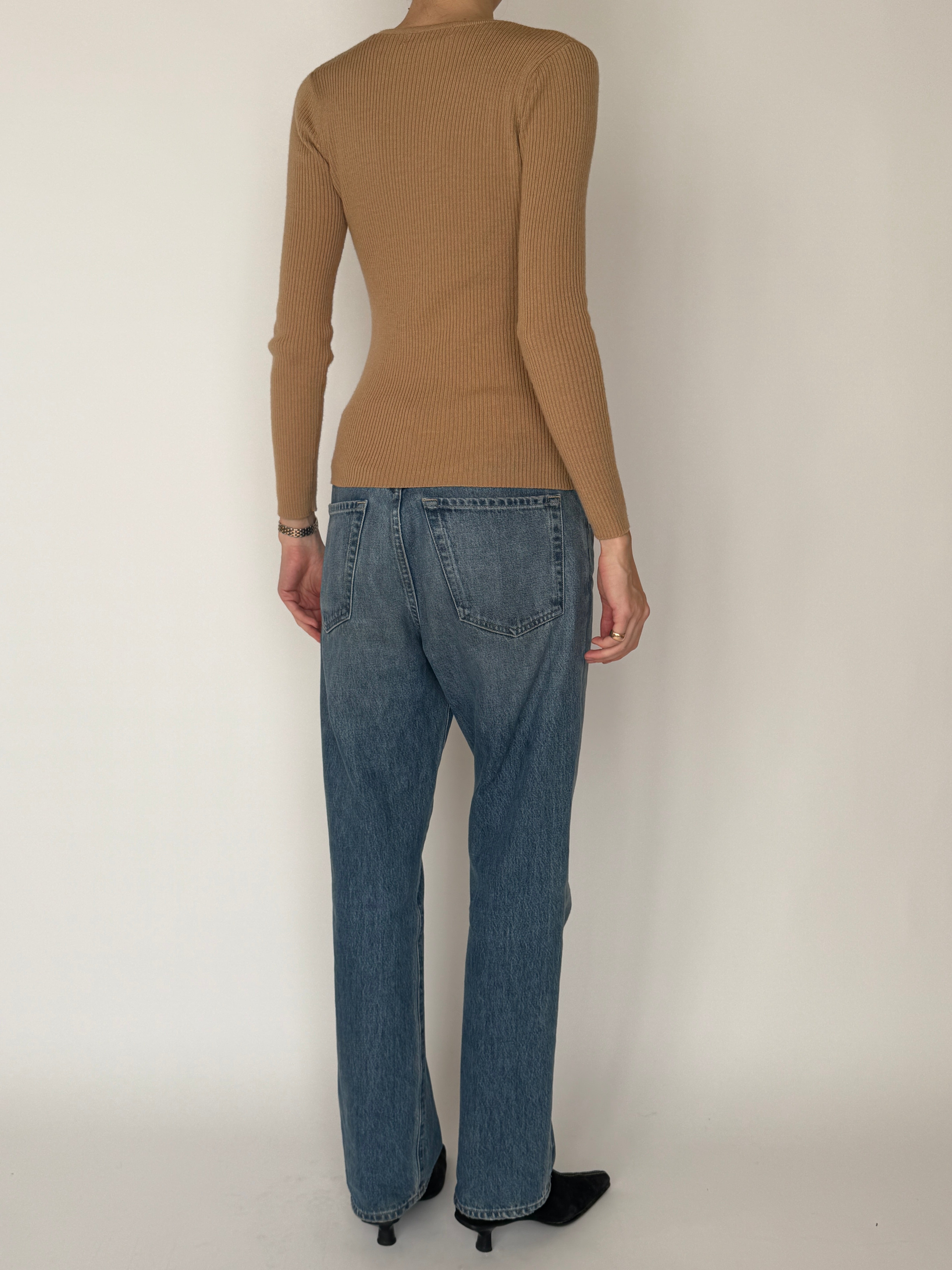 Vintage camel ribbed long sleeve top fitted silhouette back view