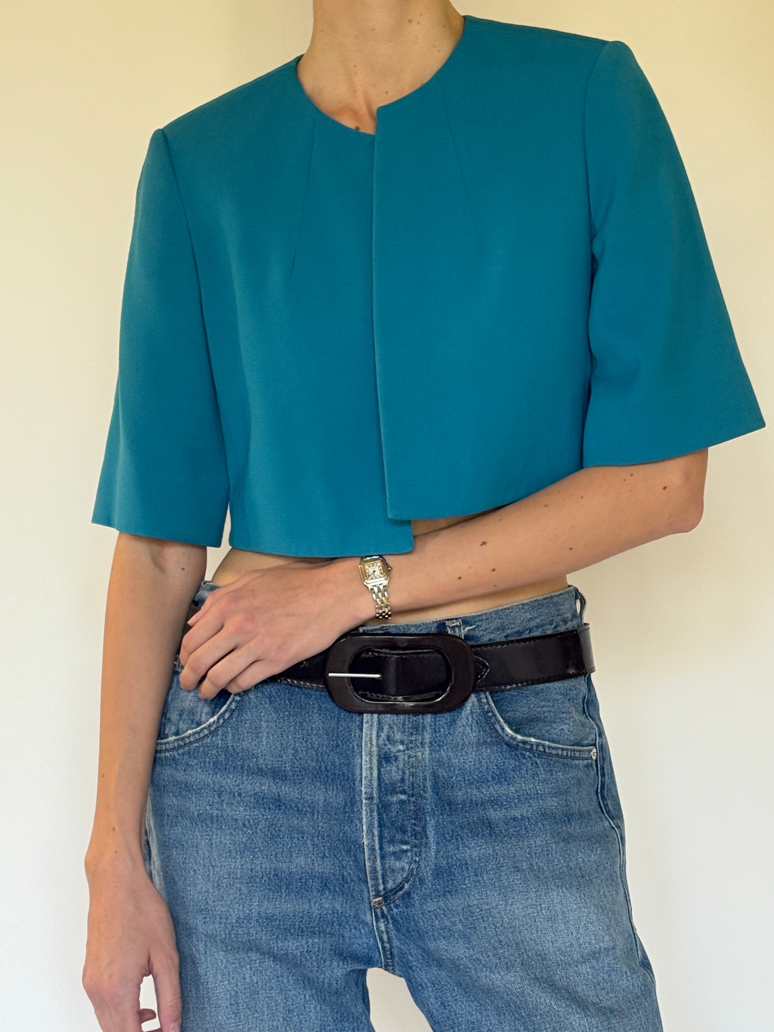 Vintage Calvin Klein teal cropped stretch jacket front view collarless neckline
