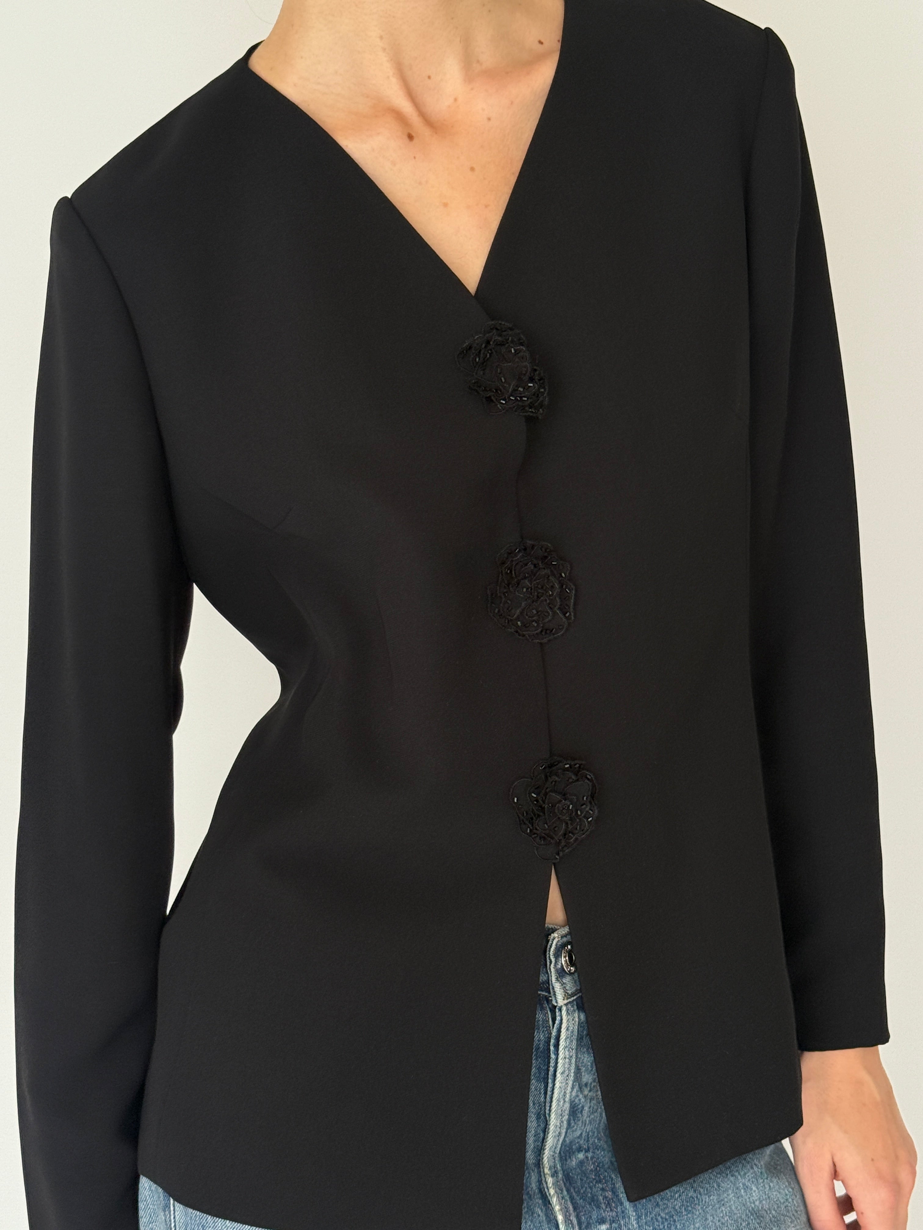 Vintage black beaded button blazer front view