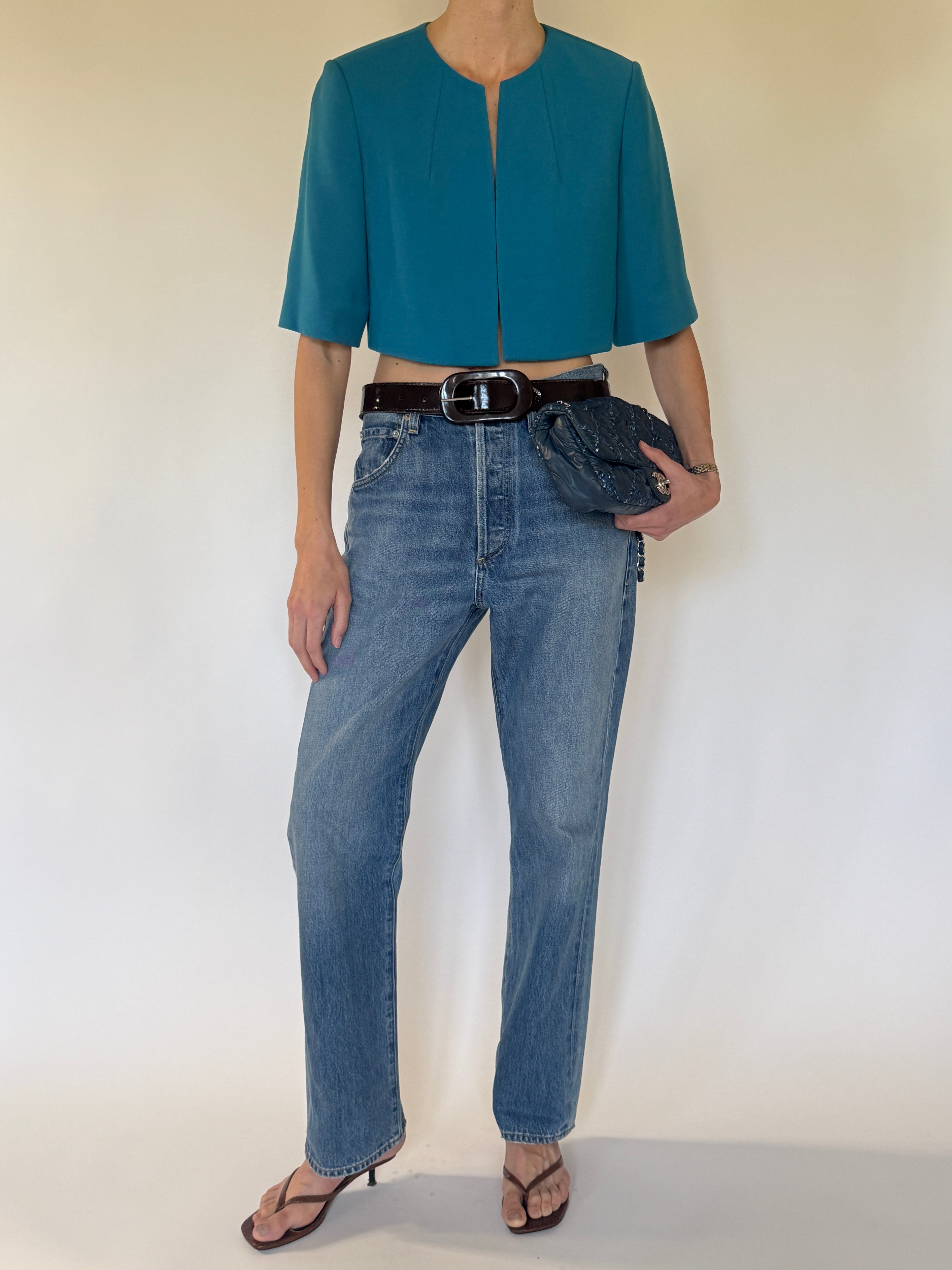 Vintage Calvin Klein teal cropped stretch jacket front view collarless neckline