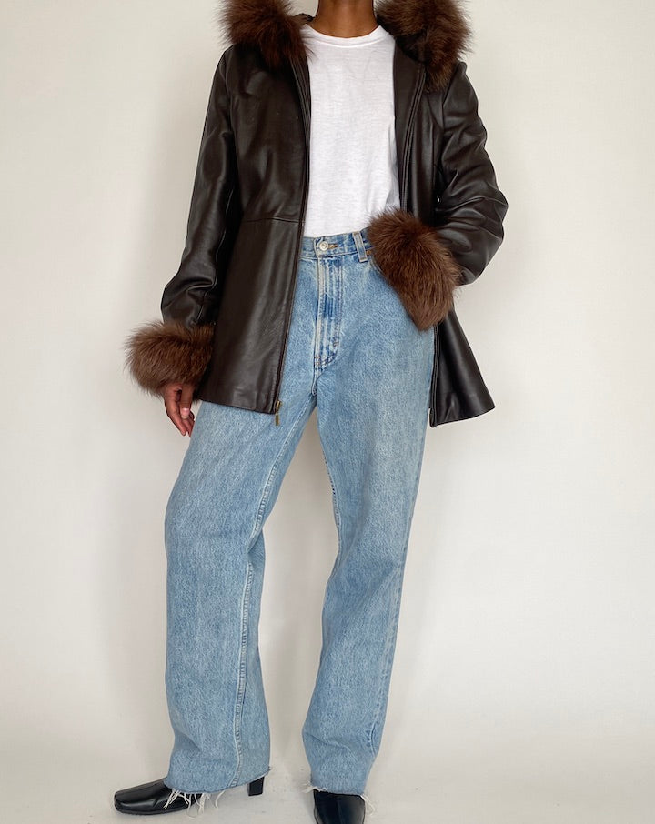 VINTAGE DARK BROWN LEATHER JACKET WITH FUR TRIM 4047