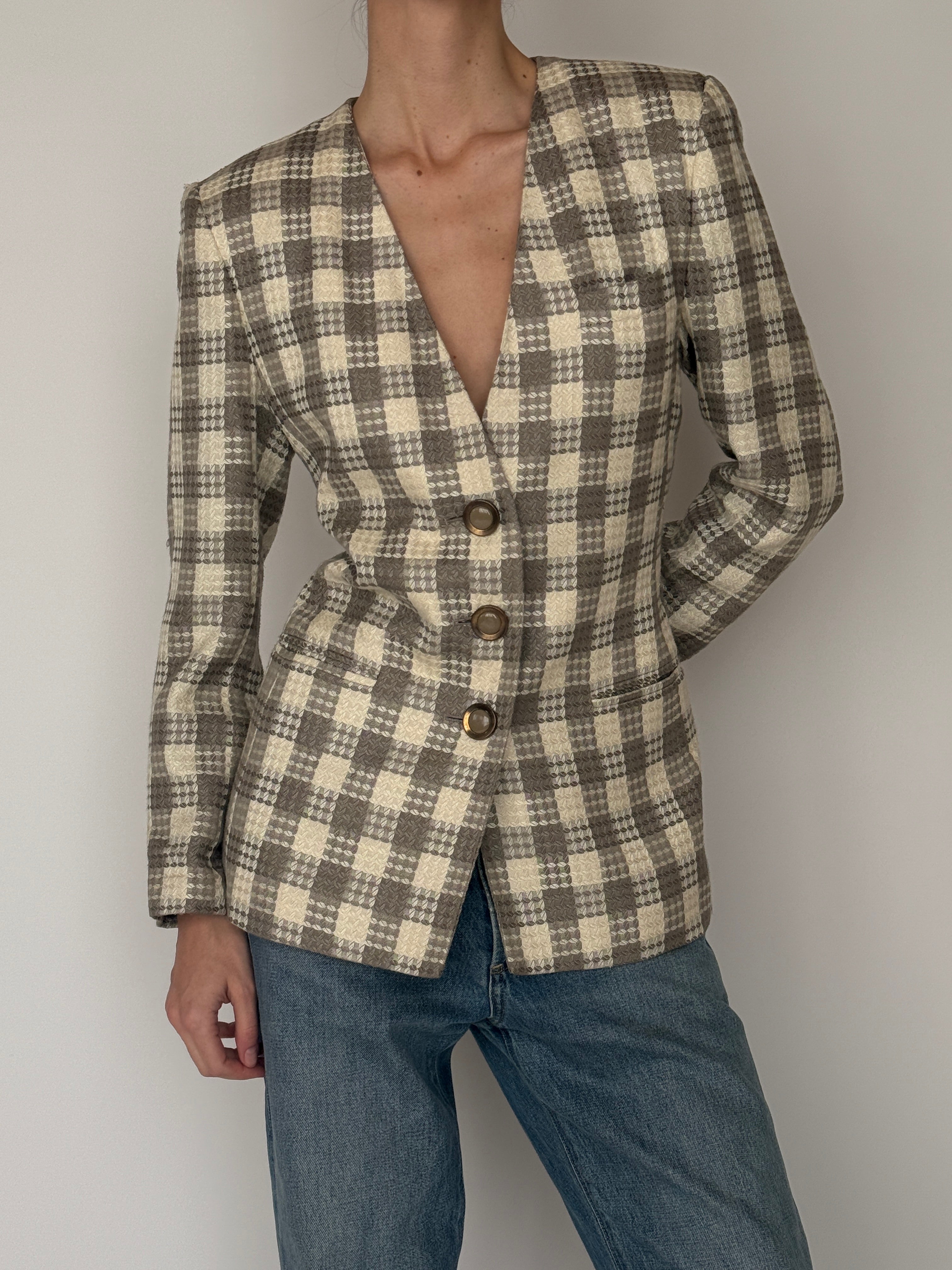 Vintage cream taupe checkered blazer front view