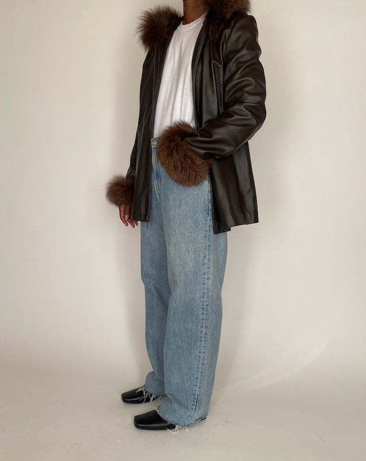 VINTAGE DARK BROWN LEATHER JACKET WITH FUR TRIM 4047