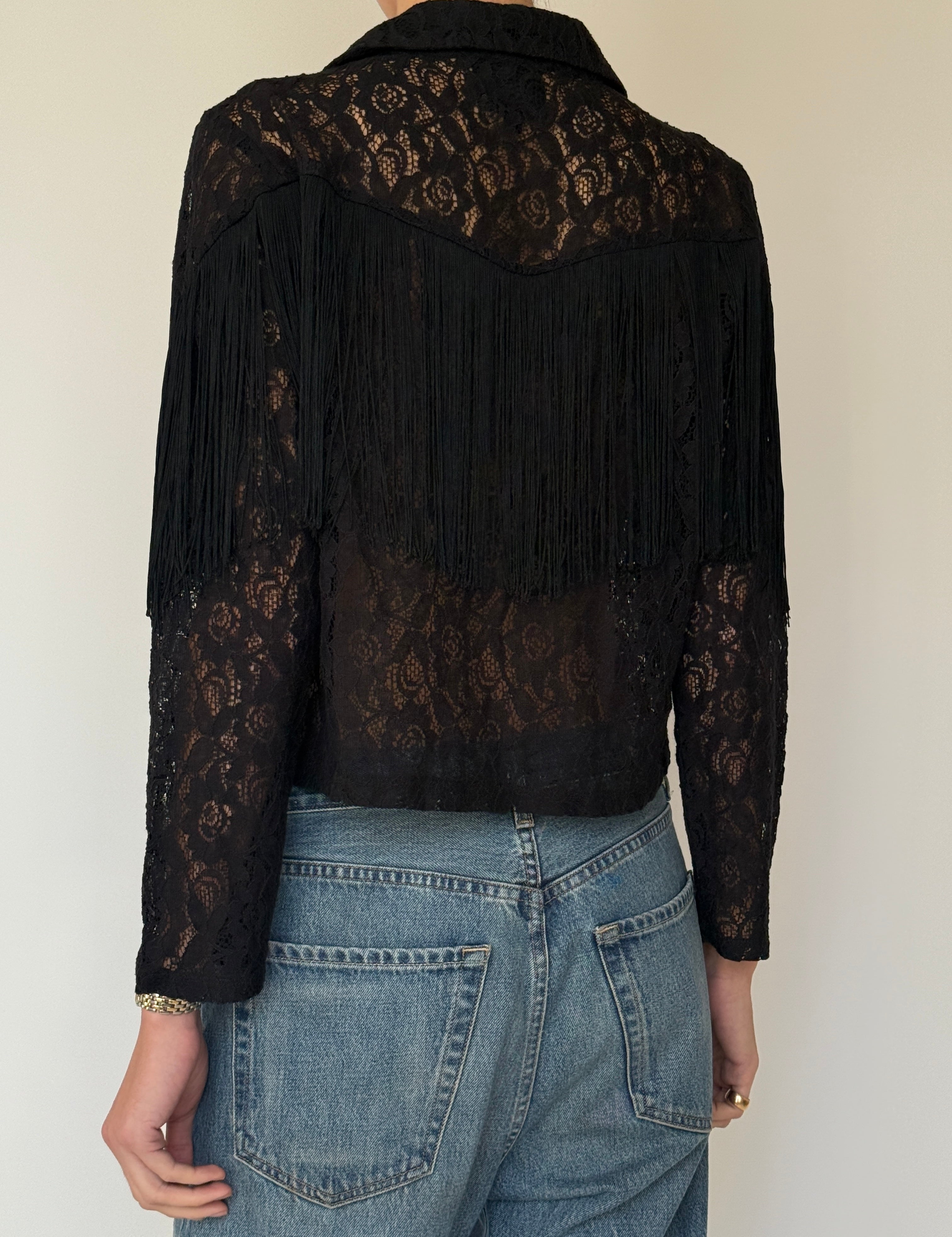 Vintage black lace fringe top back view