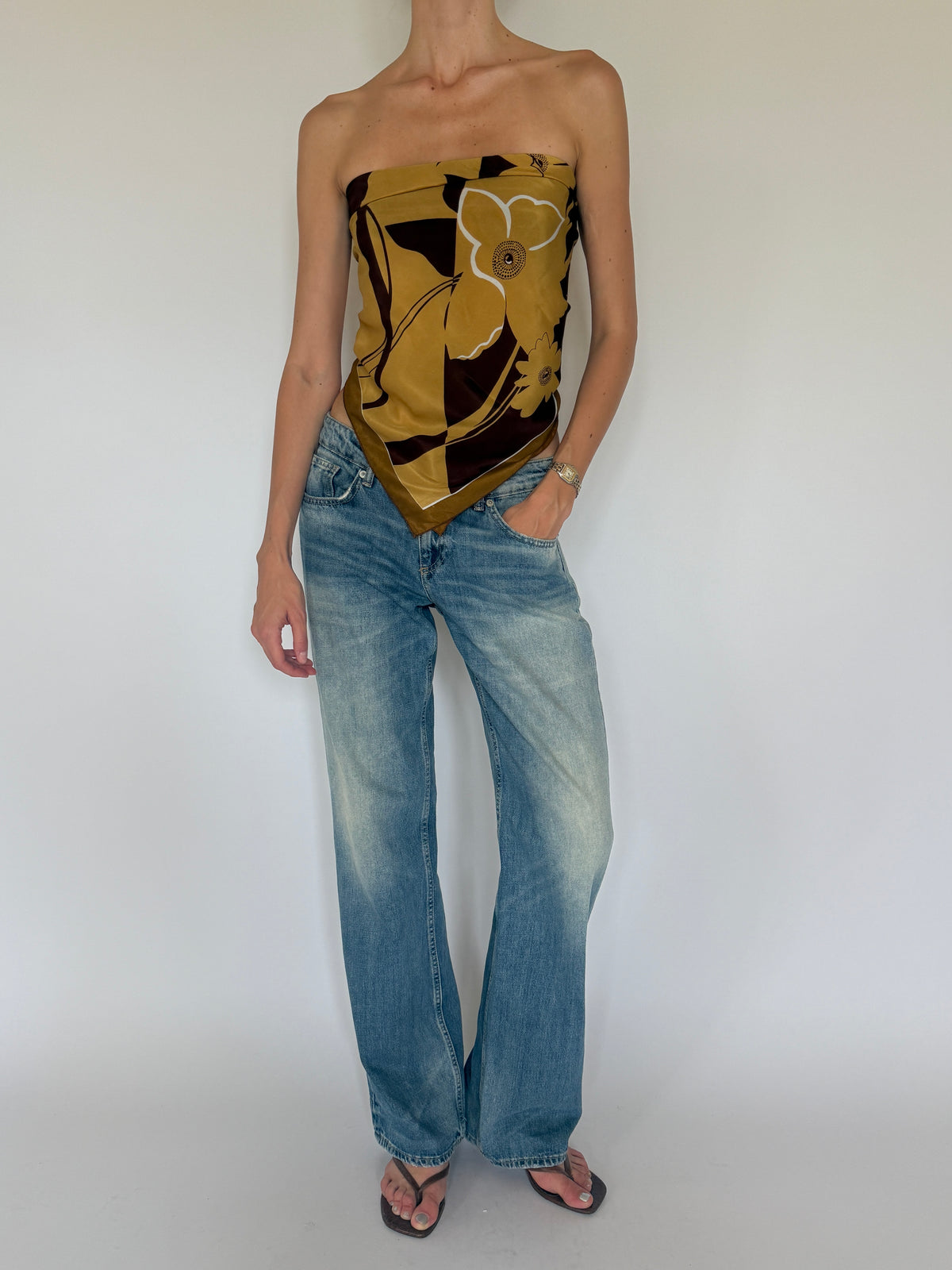 Vintage mustard floral scarf alternate front view