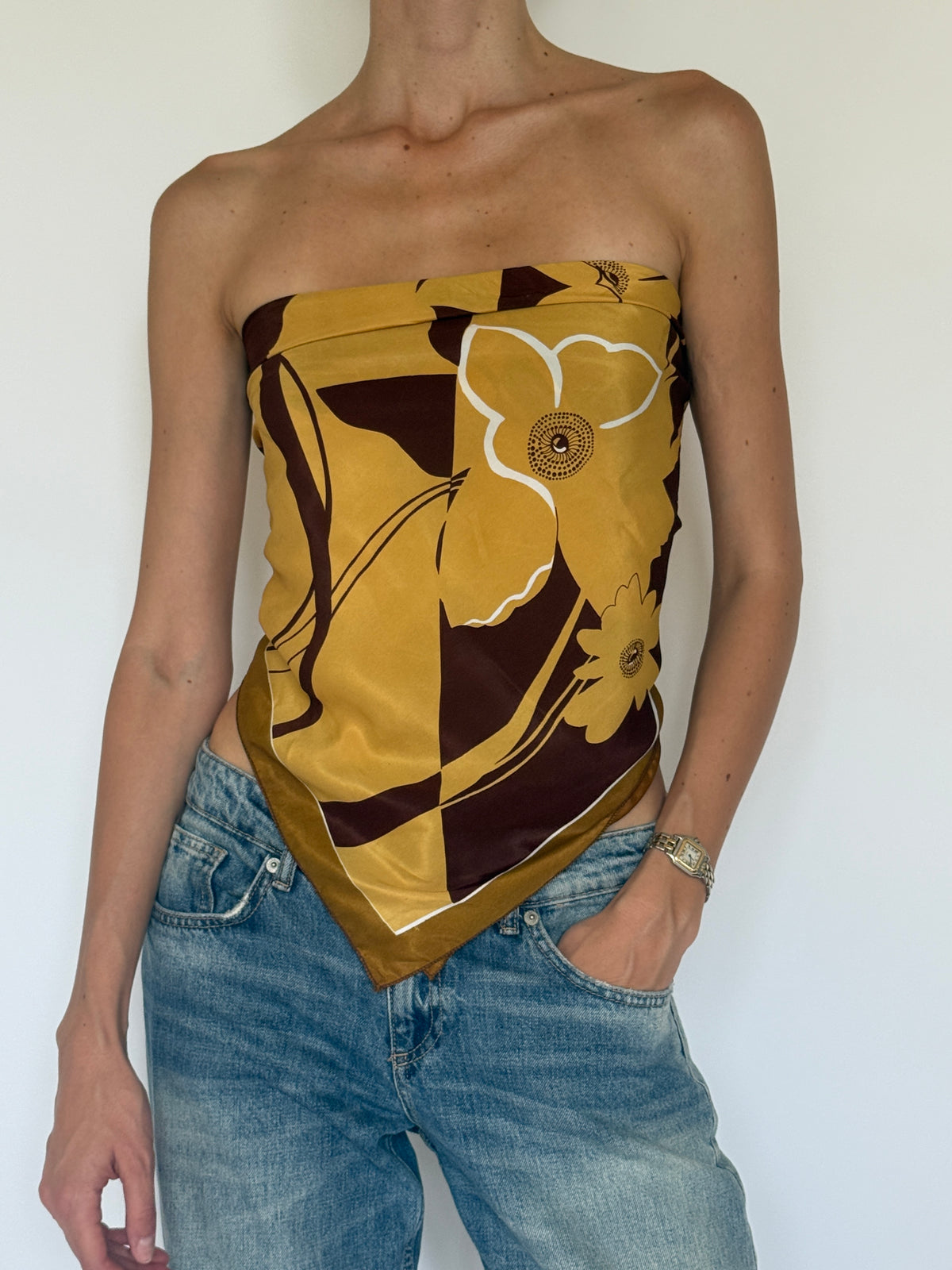 Vintage mustard and brown floral scarf print close-up