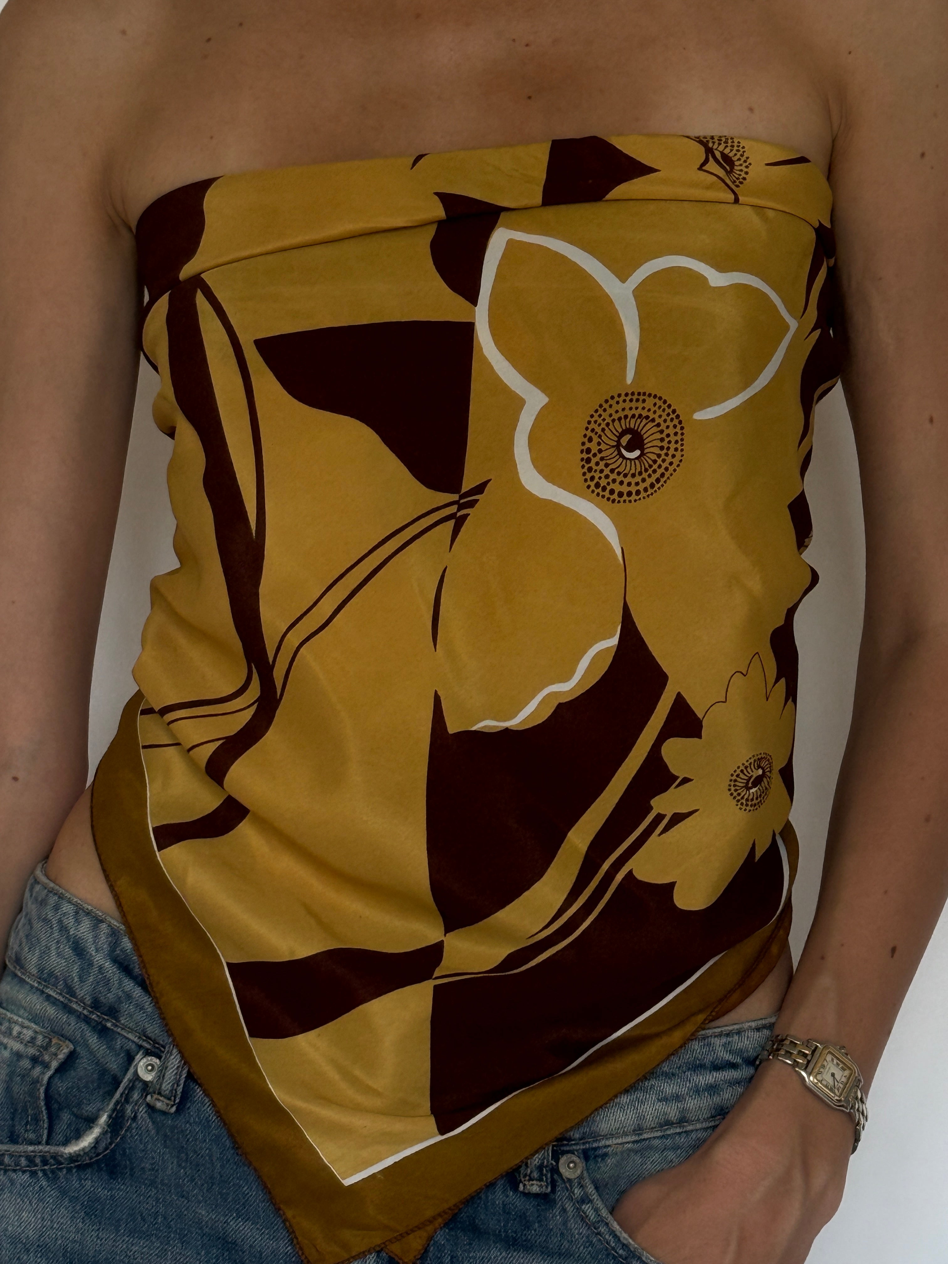 Vintage mustard floral scarf styled as a top front view