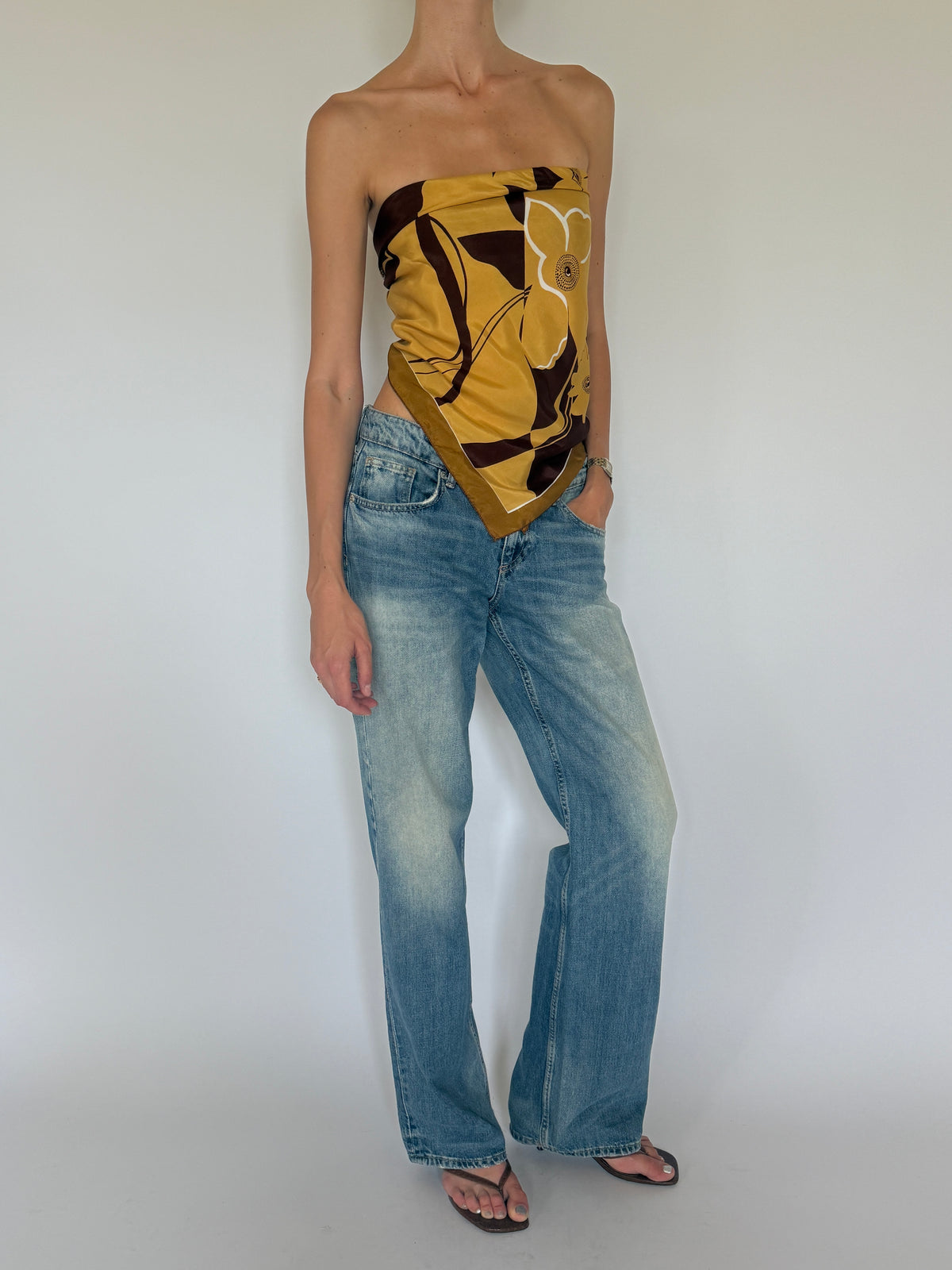 Vintage mustard floral scarf alternate front view