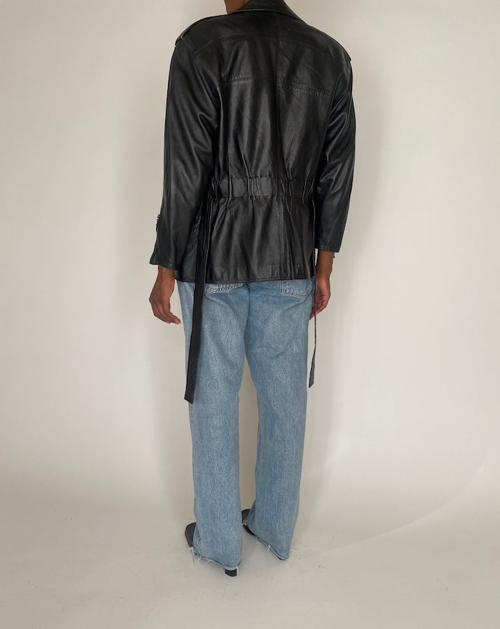 VINTAGE BLACK SHORT TRENCH LEATHER JACKET 4051