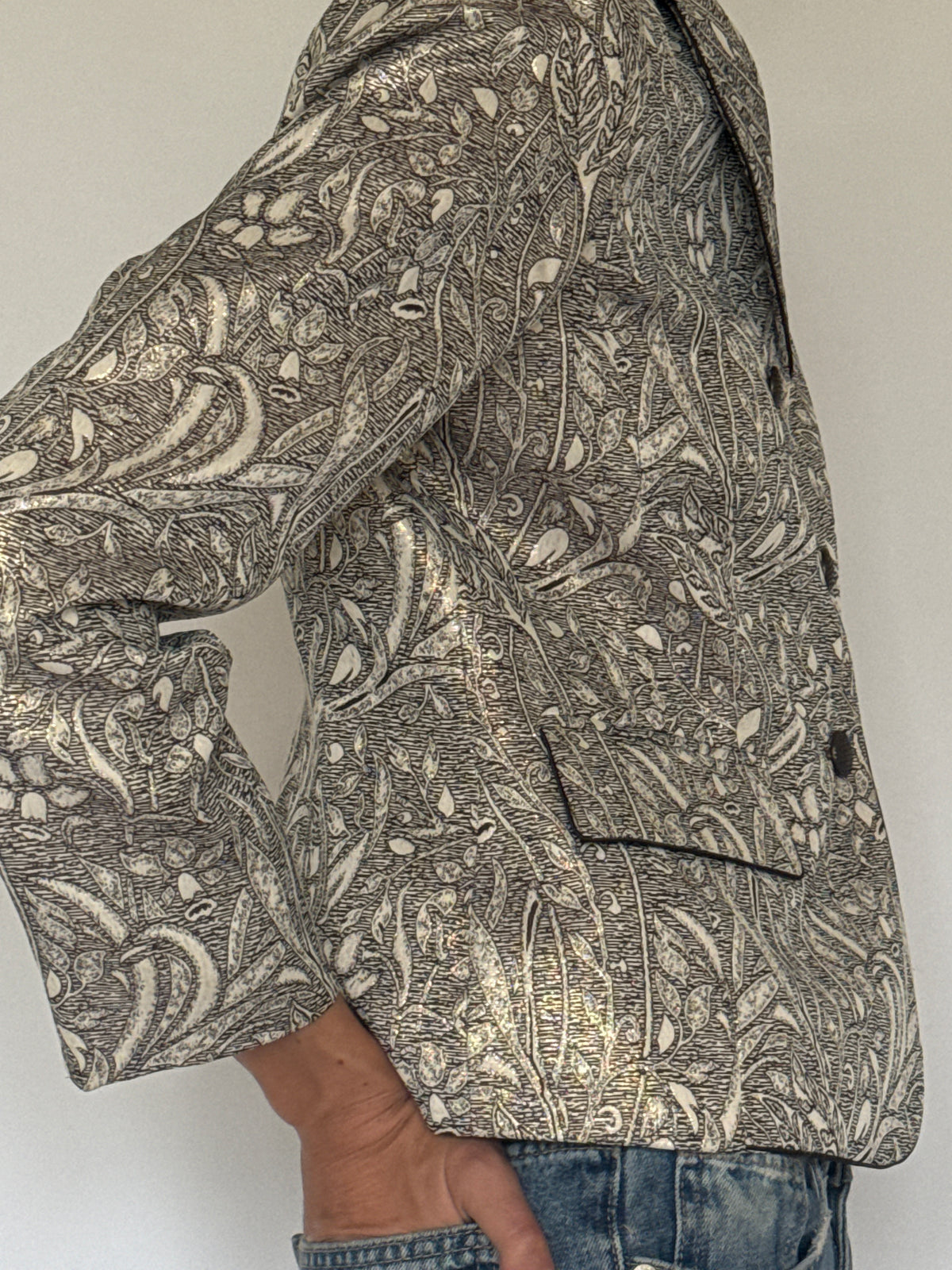 Vintage ivory and brown jacquard blazer side view