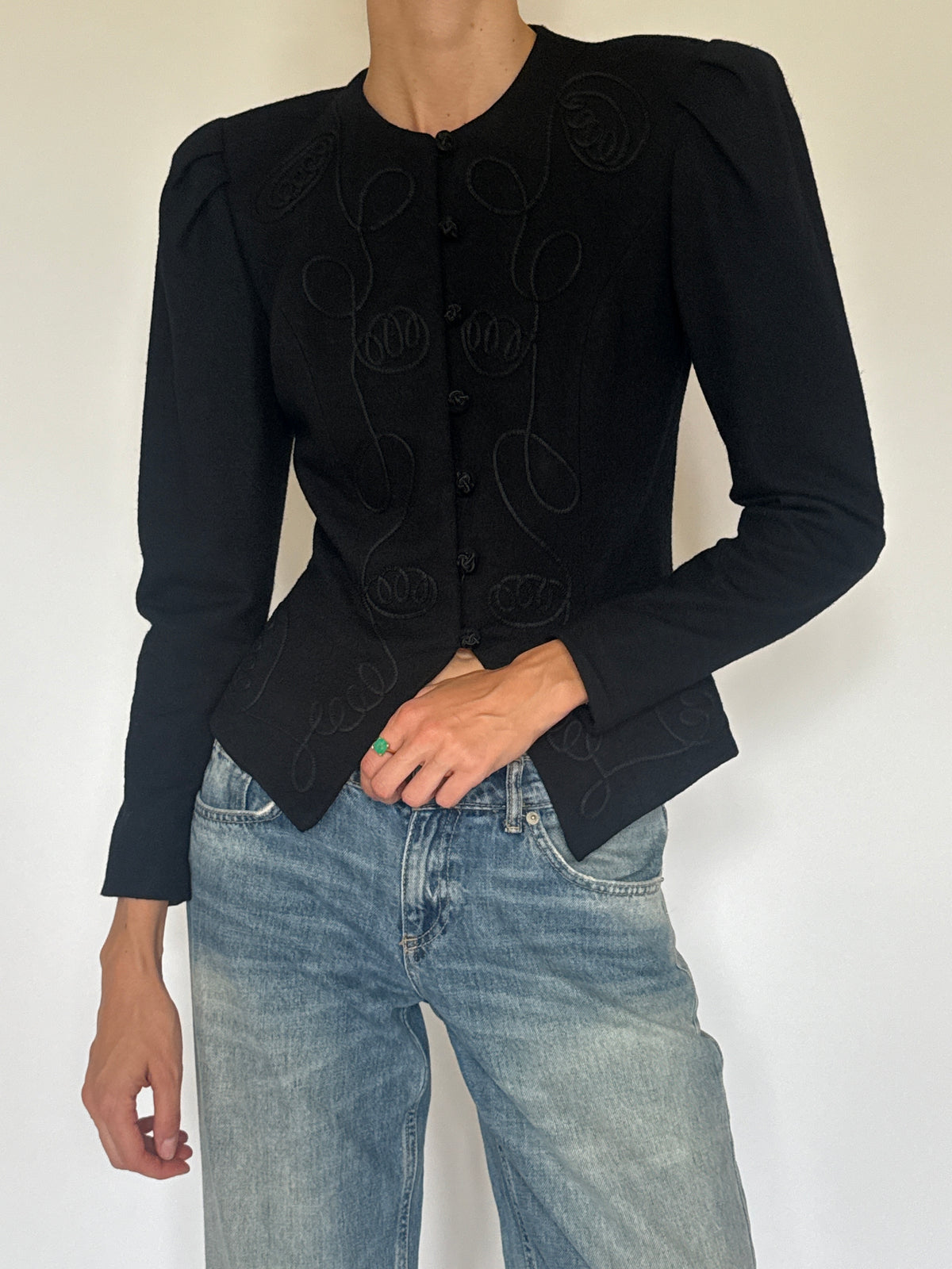 Vintage Richard Warren embroidered wool jacket black front view