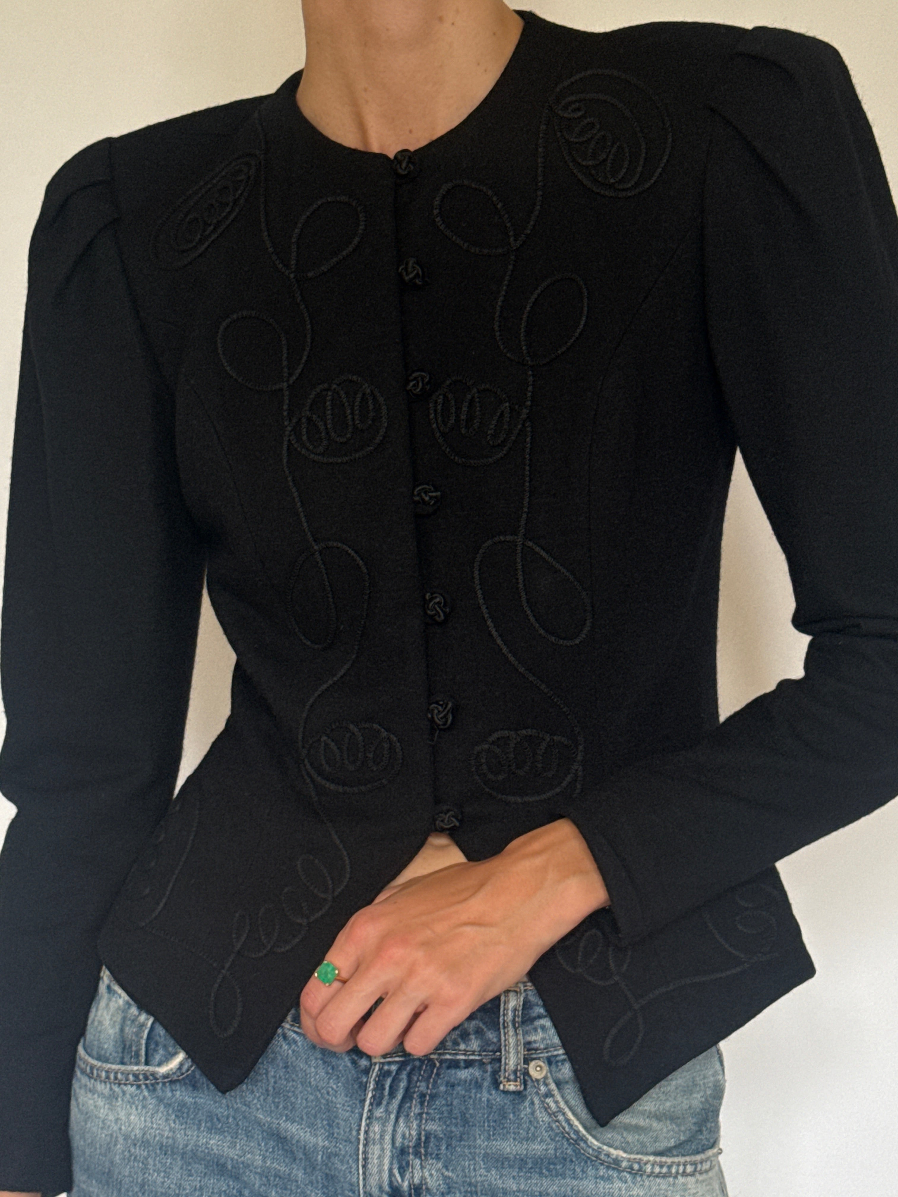 Vintage black wool jacket tonal soutache embroidery close-up