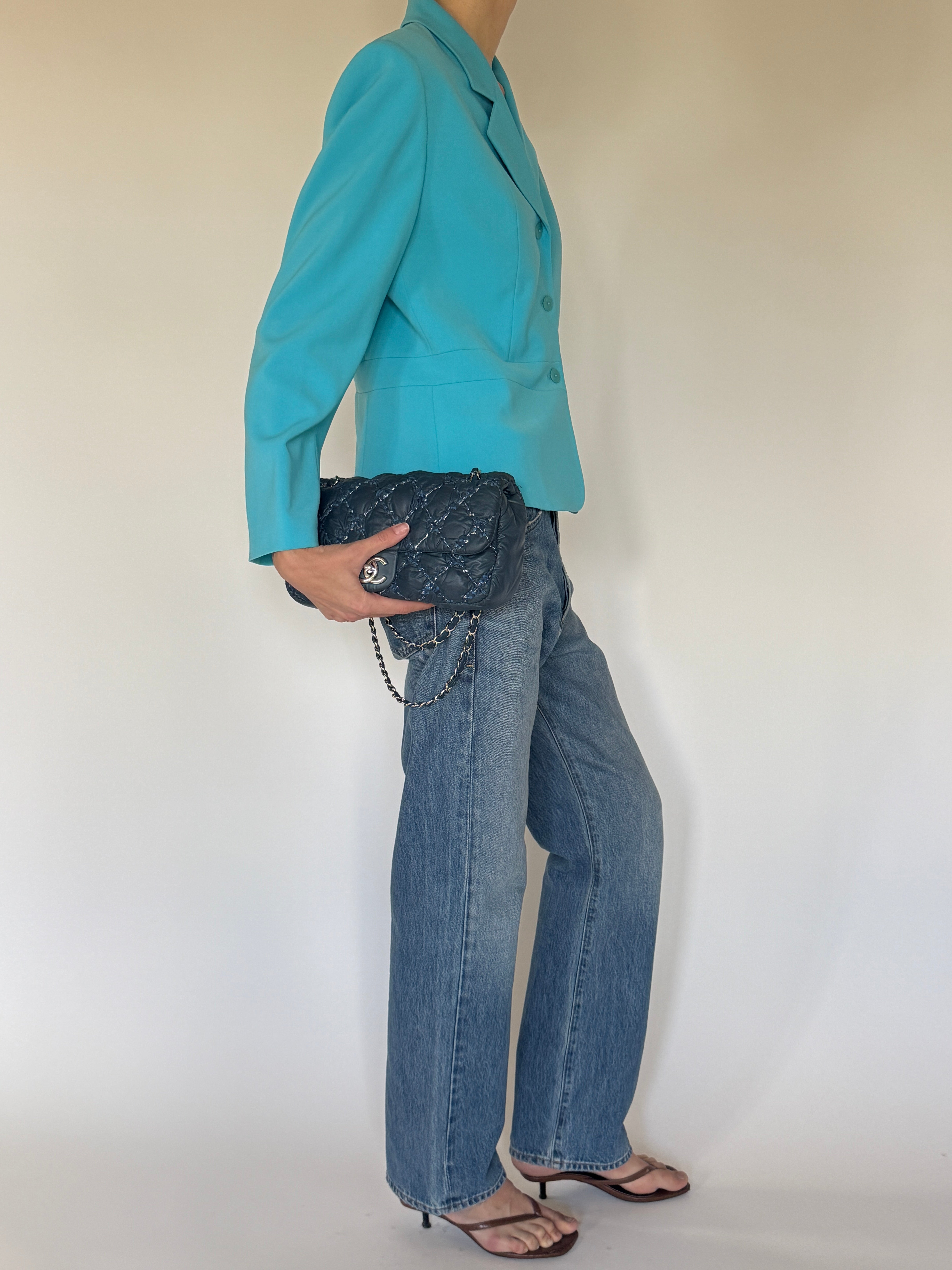 Vintage tailored two-button blazer side view turquoise