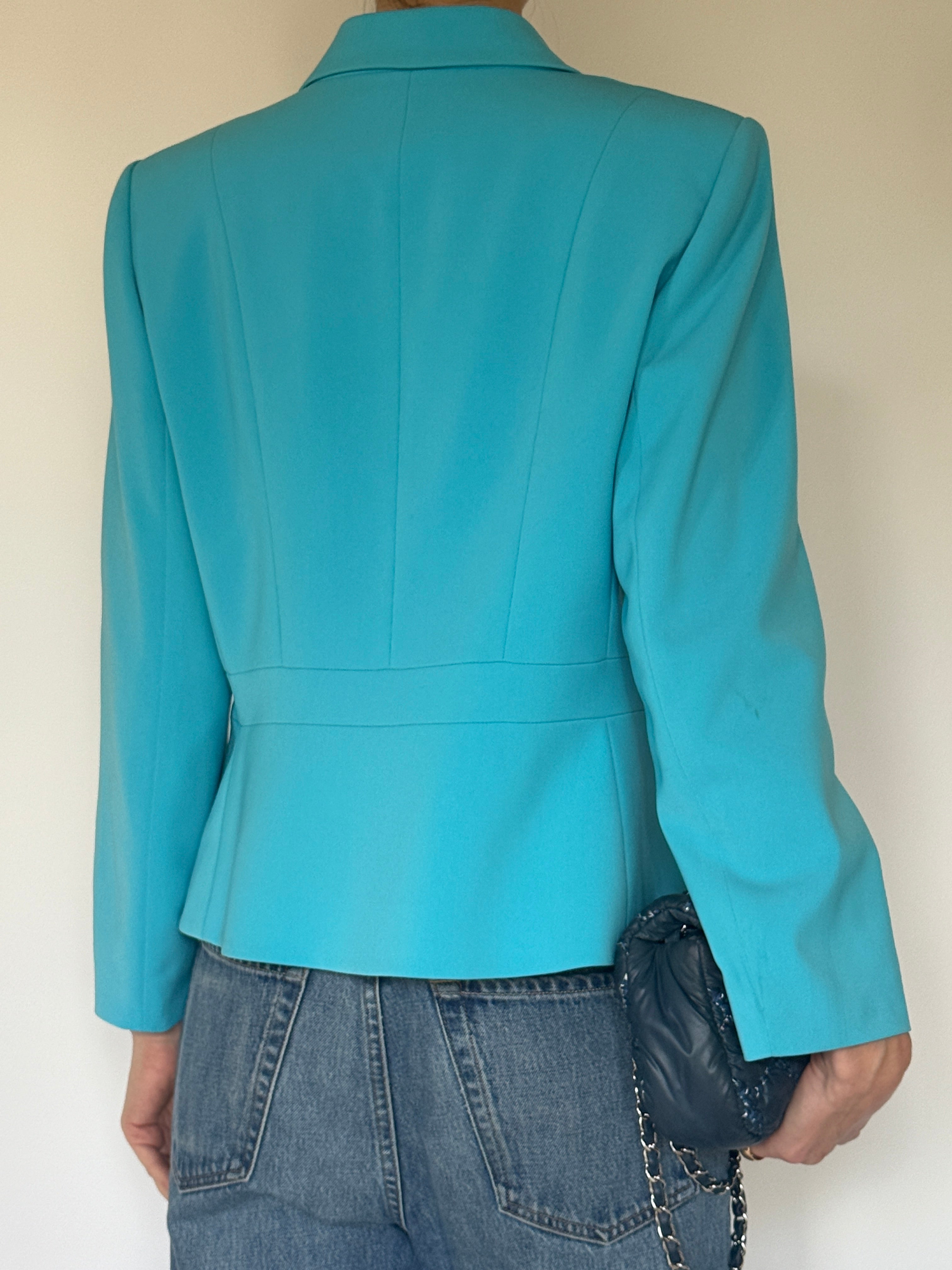 Vintage tailored two-button blazer back view turquoise
