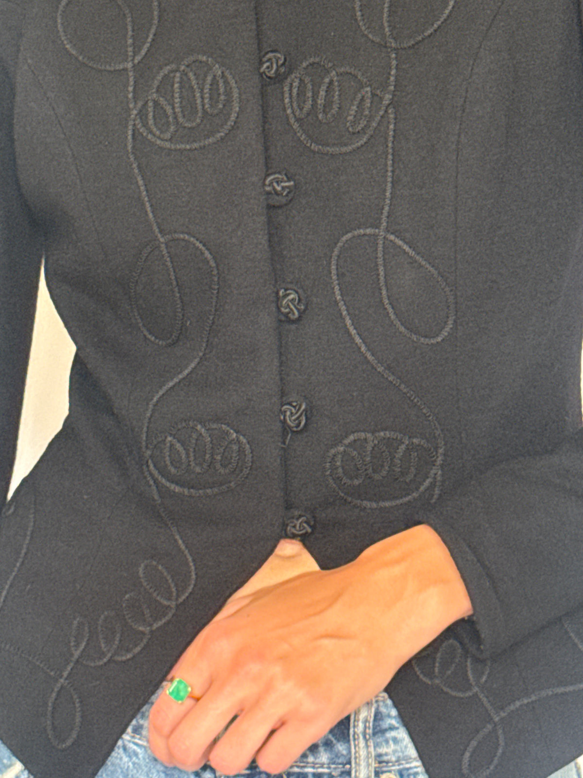 Vintage black wool jacket tonal soutache embroidery close-up