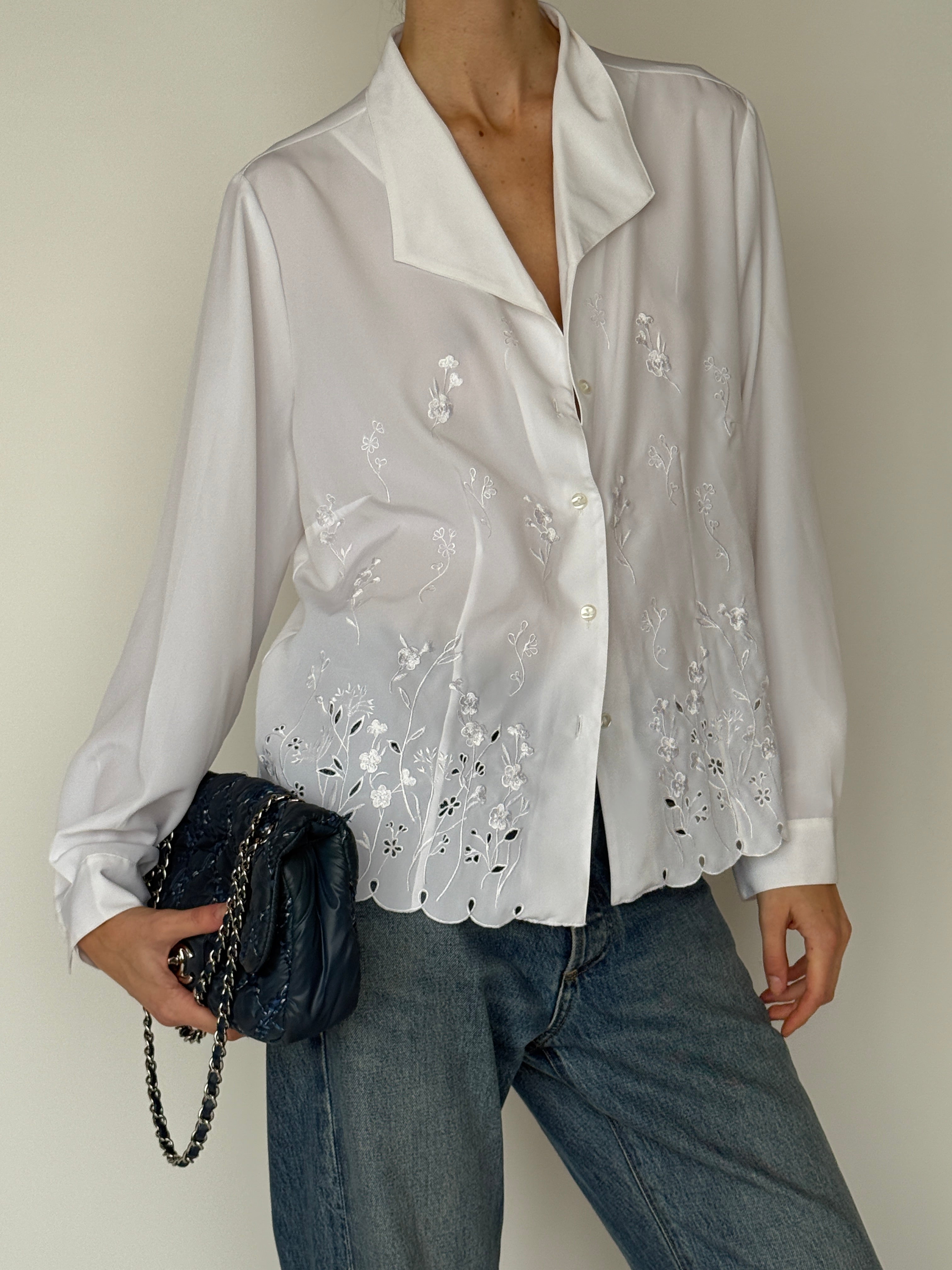 Vintage white embroidered sheer blouse front view