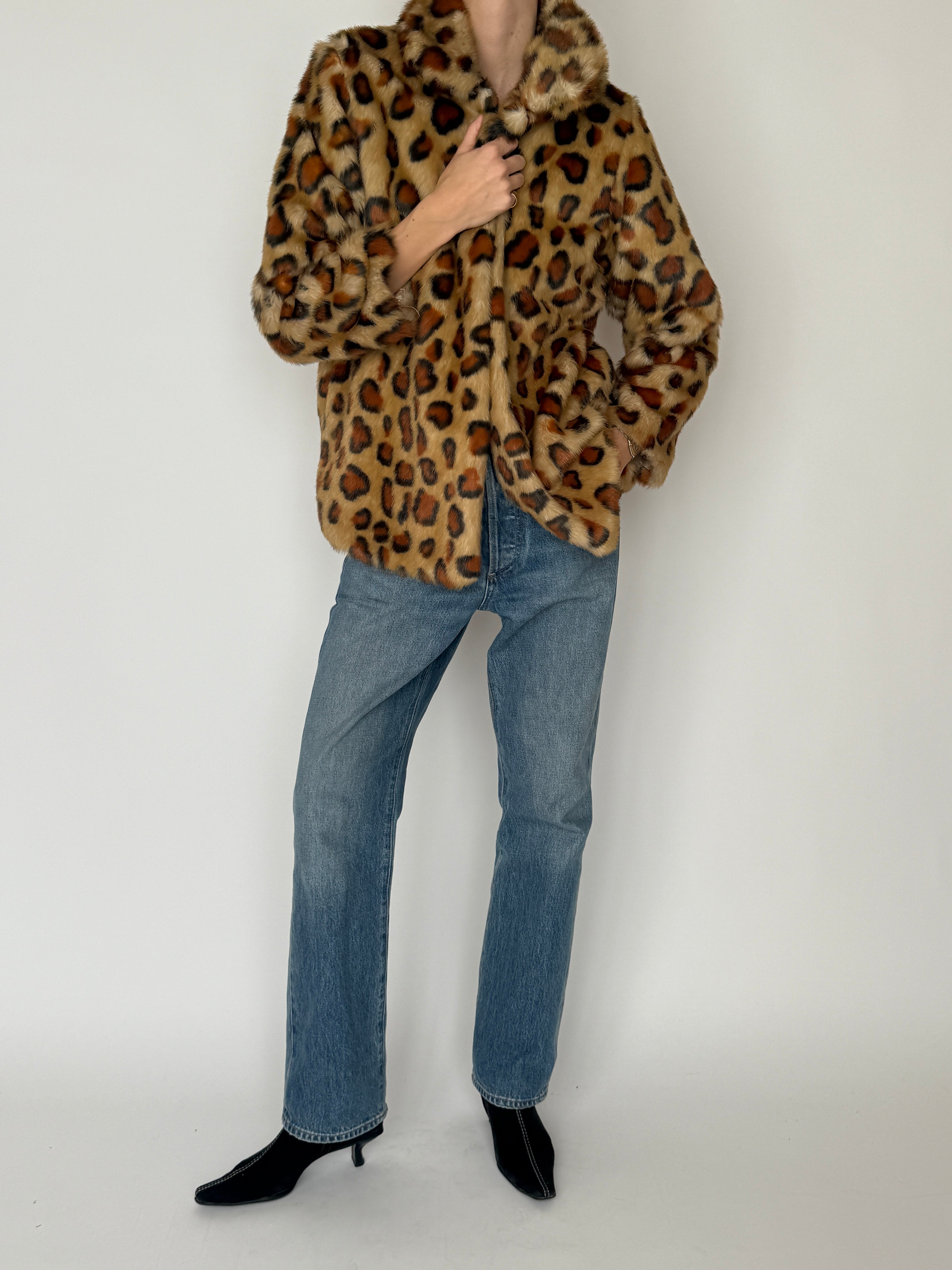 Vintage brown leopard faux fur jacket full length