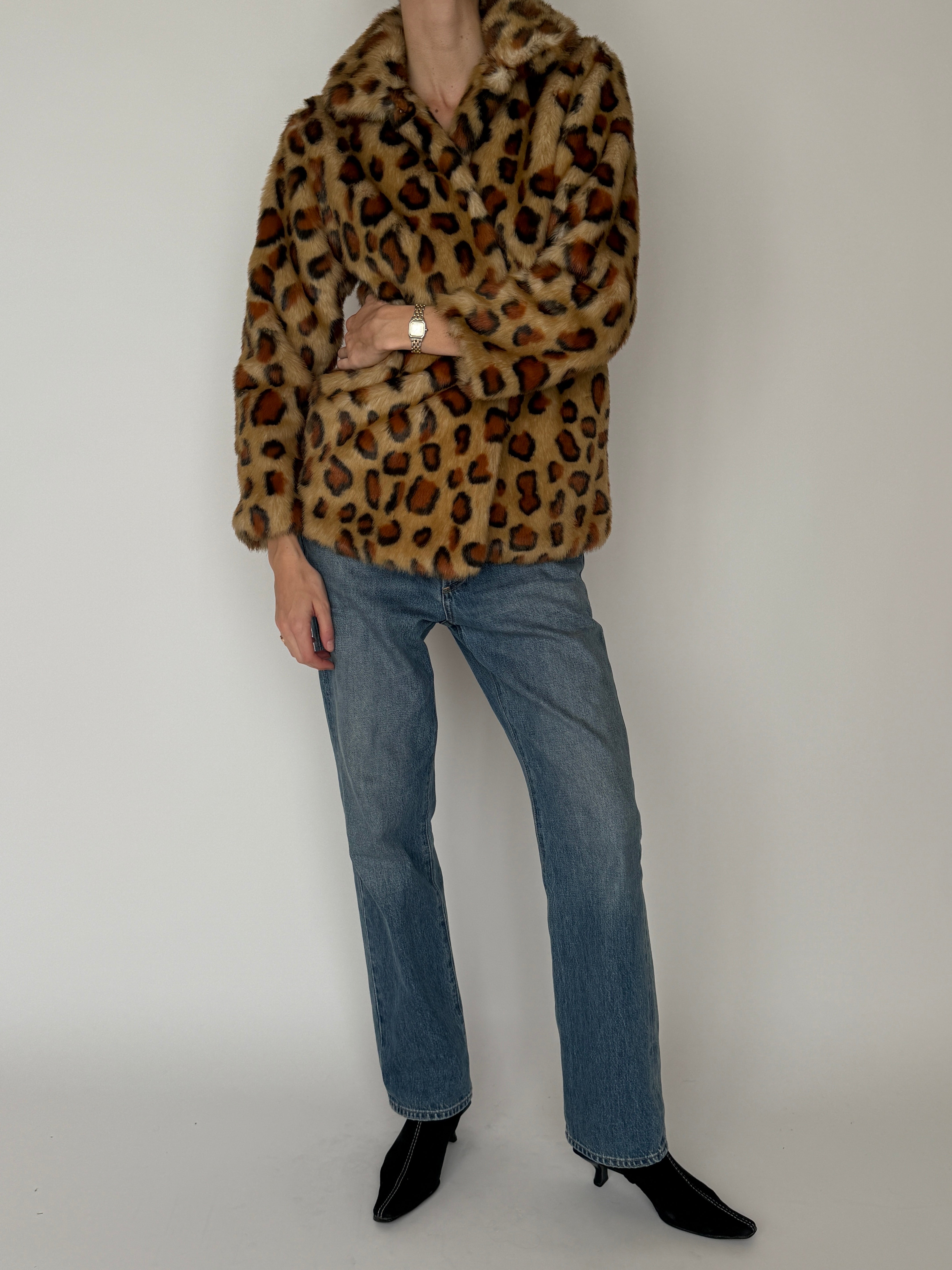 Vintage brown leopard faux fur jacket full length
