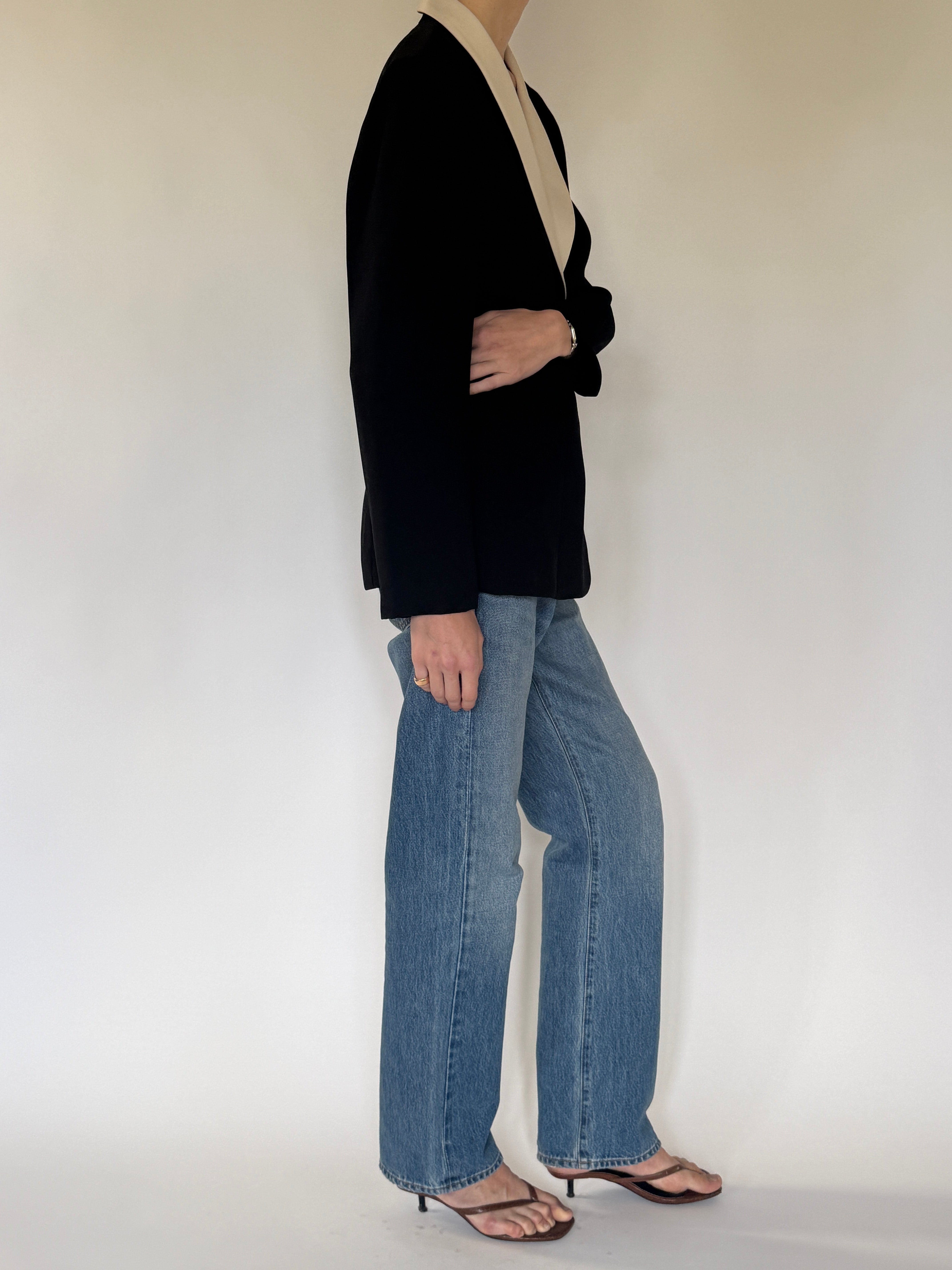 Vintage black blazer with cream shawl collar side view