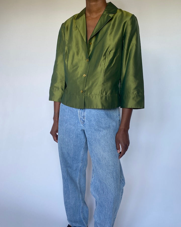 VINTAGE GREEN SILK BLOUSE 3540