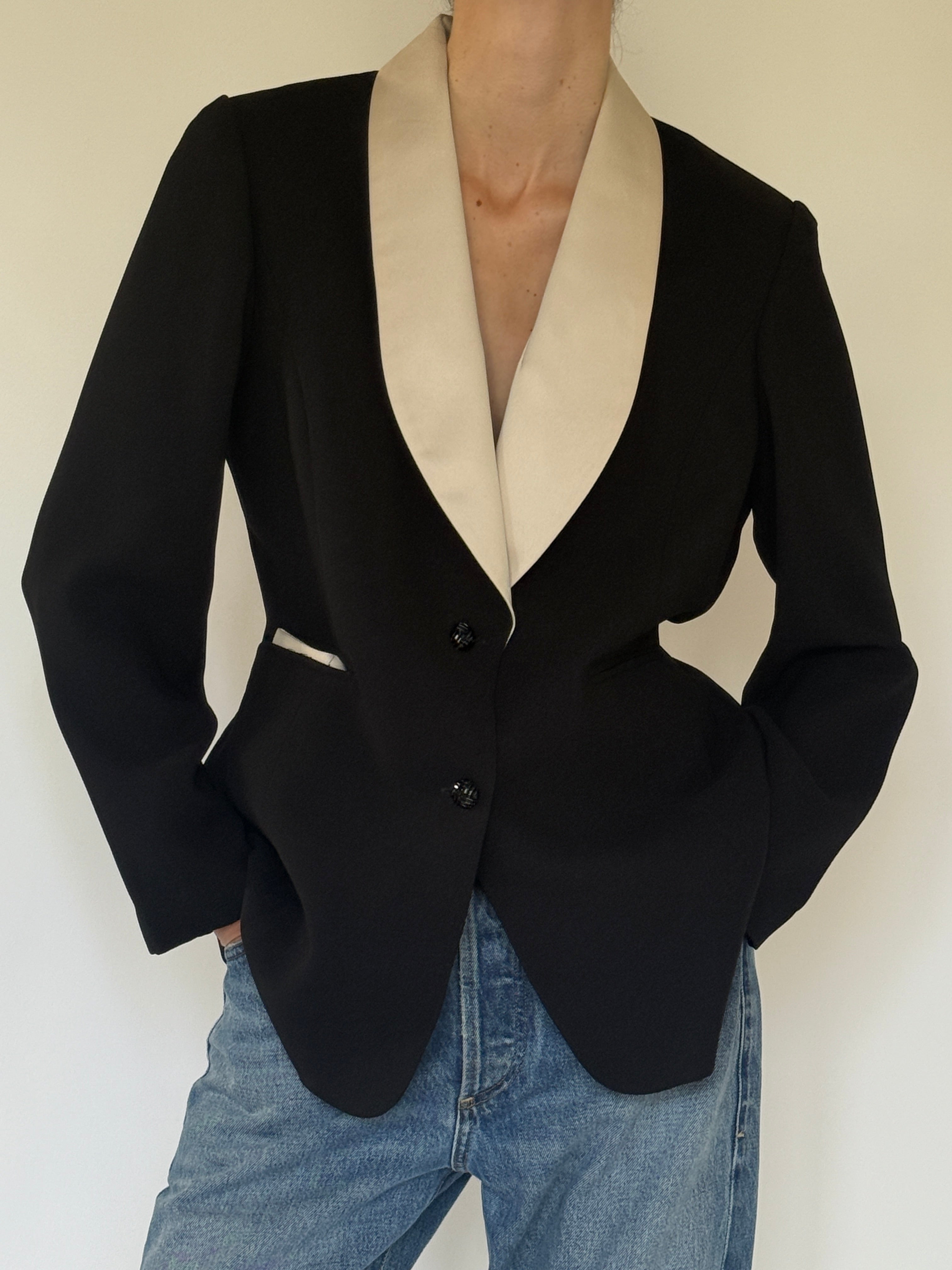 Vintage black blazer with cream shawl collar front view