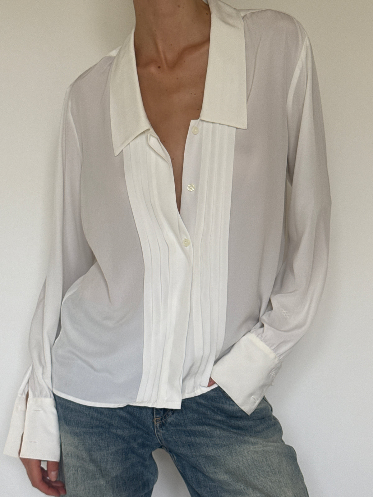 Vintage white pleated sheer blouse front view